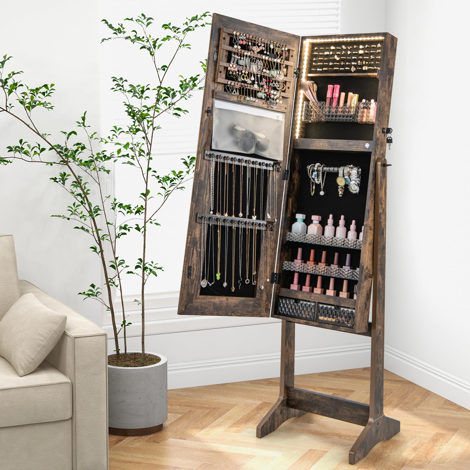 COSTWAY LED Mirror Jewellery Cabinet - Freestanding Lockable Armoire With 3-Color Lights, Large Storage, Adjustable Mirror (White)