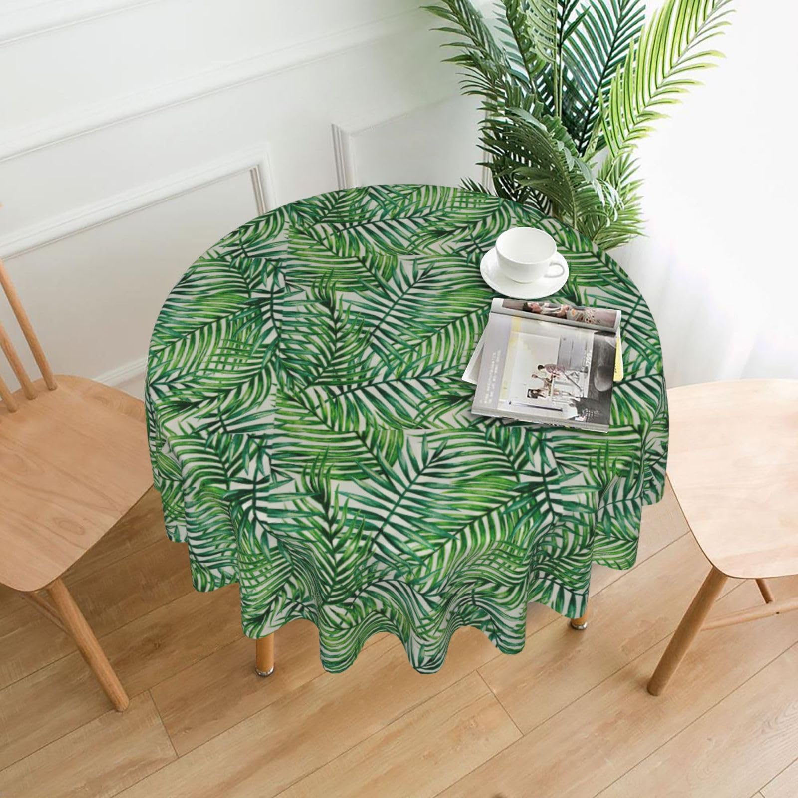 OXbnmm Banana Leaf Green Print Soft Round Tablecloth 60in Polyester Washable Cover Cozy Gift for Mom Housewarming