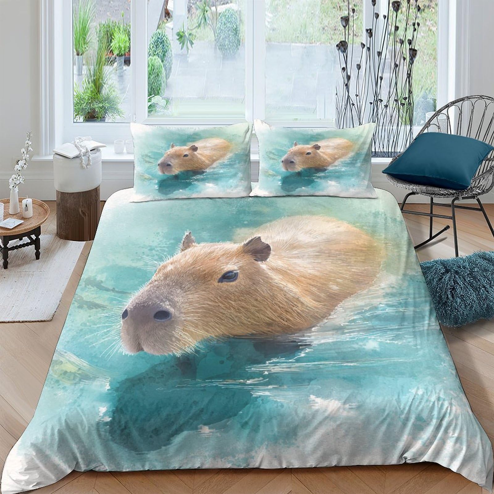 Ctjqhvkz Style-10 3D Printed Capybara Water Art Fitted Sheet Microfiber Mattress Cover Non Slip Washable Decor For Bedroom Guest Room Single（135X200cm）