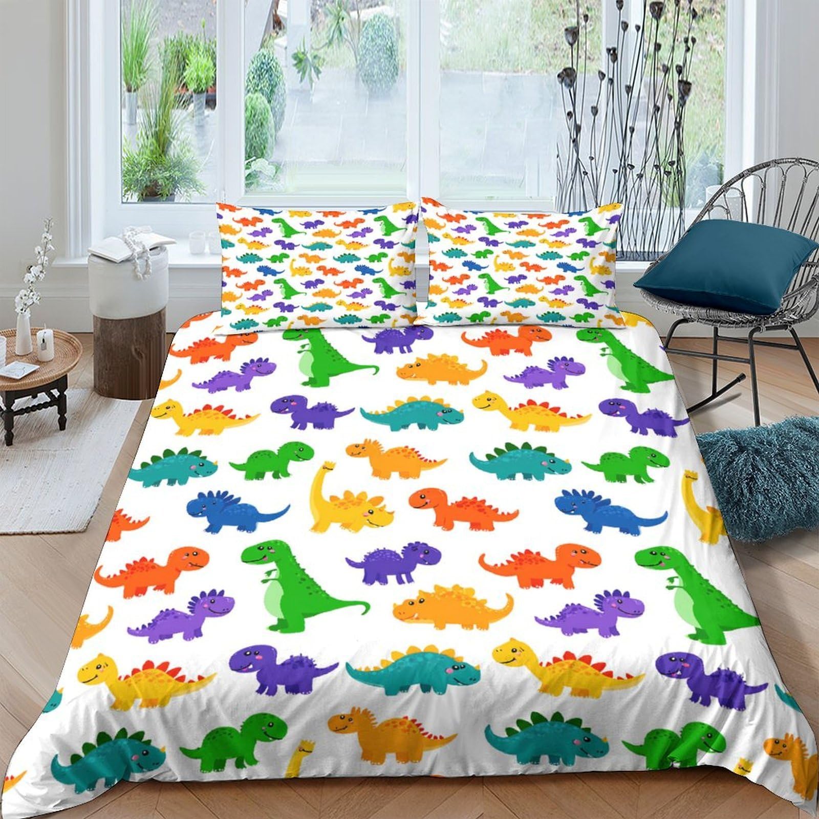 GPLZQXKJNH 3D Printed Colourful Dinosaur Duvet Cover Microfiber Soft Breathable Cartoon Bedding Set with 2 Pillowcases for Bedroom Decor Single（135x200cm）
