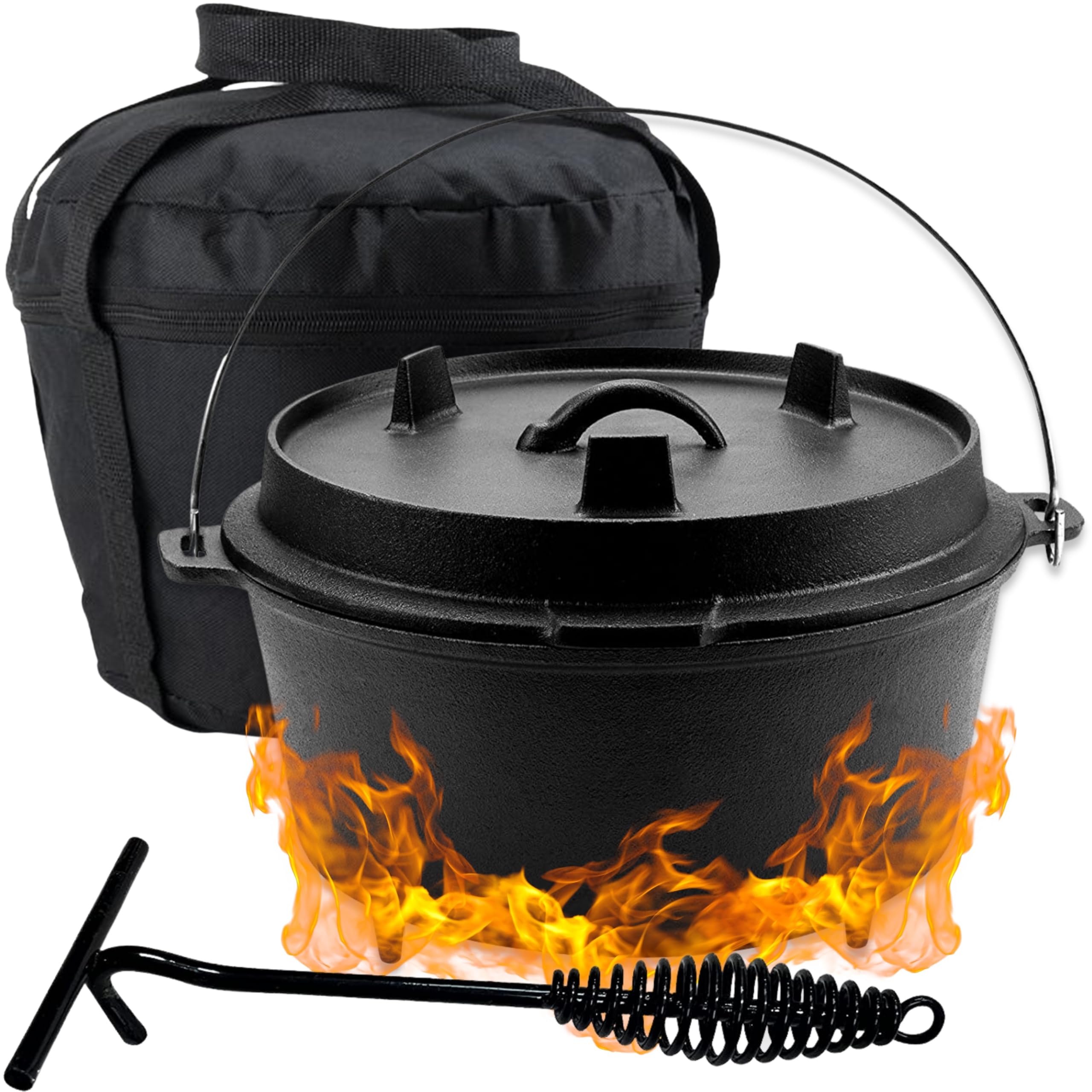 Dutch Oven Kochtopf-Set 9 Liter Gusseisen – Gusseisenpfanne mit Deckel, Schutzbeutel & Deckelheber – Outdoor Kochtopf für Kochen, Backen, Braten & Grillen, Ø 29 cm