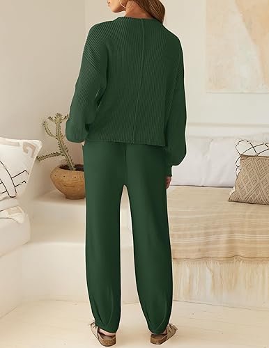 Miniatura 4 de ZESICA Conjunto de 2 piezas de suéter de manga larga con cuello alto falso para mujer, sudadera de punto con pantalones de cintura alta, conjuntos