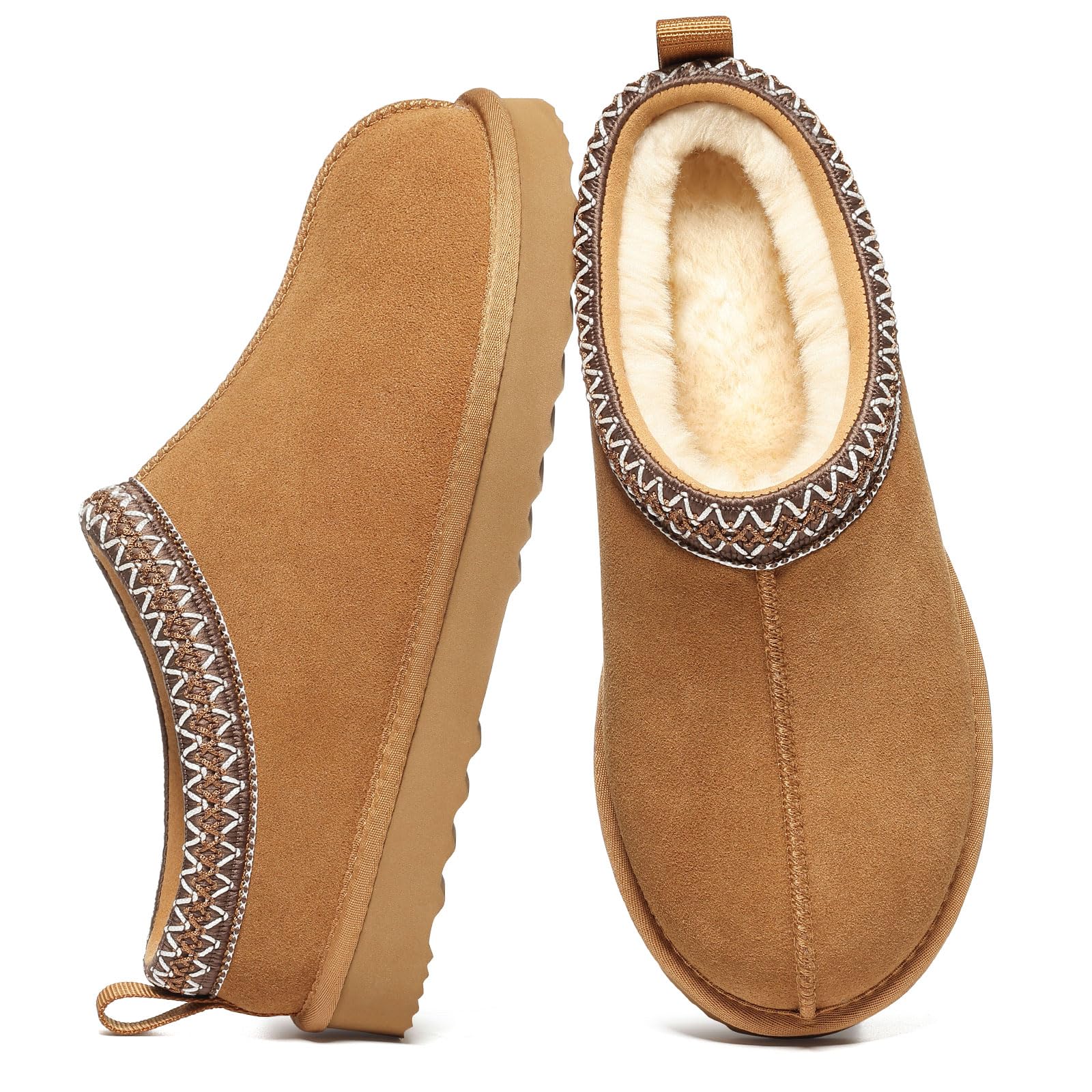 Women's Genuine Suede Fur Lined Slippers Fuzzy Winter House Shoes
