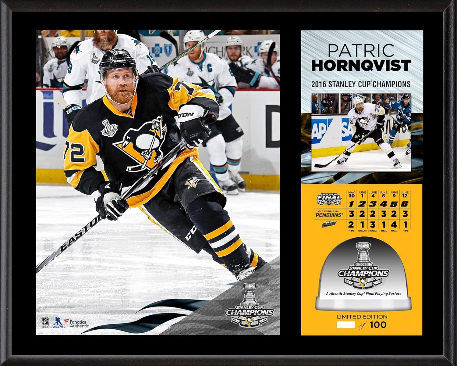 Patric Hornqvist Pittsburgh Penguins 2016 Stanley Cup Champions 12'' x 15'' Sublimated Plaque with Game-Used Ice - Limited Edition of 100 - NHL Player Plaques and Collages
