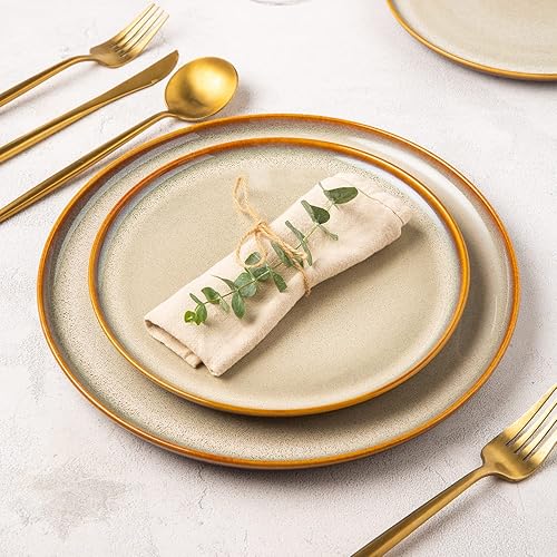 Miniatura 6 de LERATIO Kahki - Juego de 4 platos de cerámica de porcelana esmaltada reactiva de 10.5 pulgadas, juego de vajilla de forma moderna para cocina,