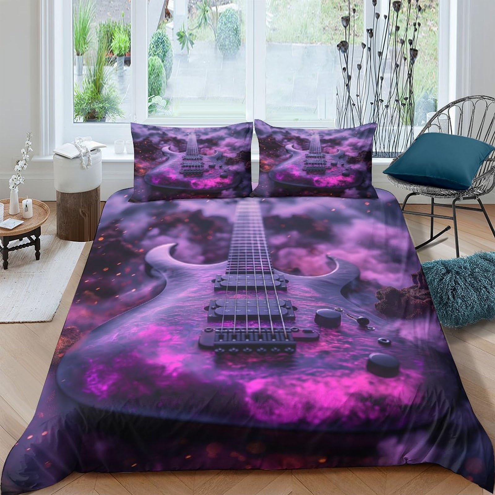 Housses de couettes 3D guitare musique rock 200x200cm parure de lit 3 pièces microfibre