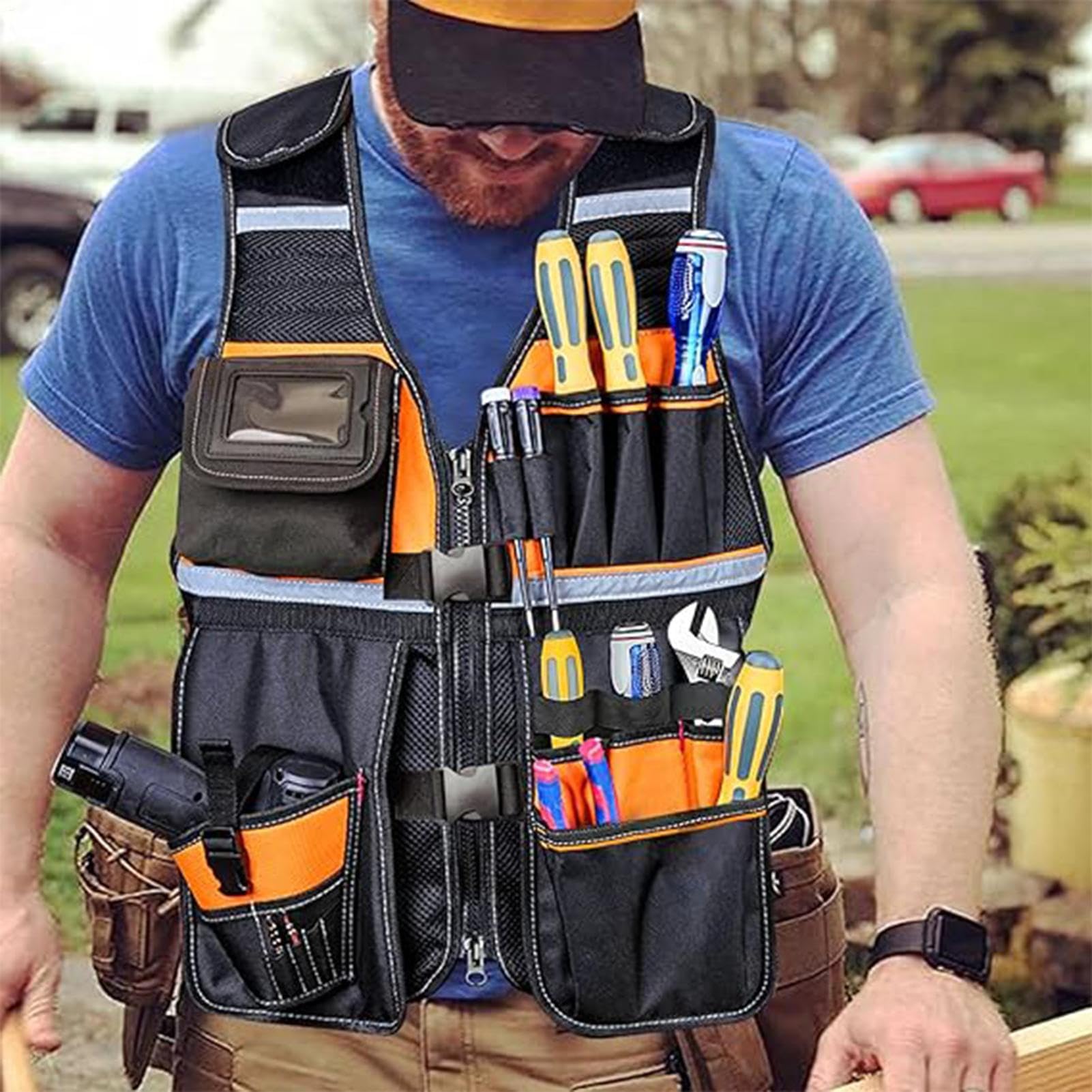 Chaleco de herramientas de carpintero - Chaqueta de trabajo ajustable | resistente para electricistas | Bolsillos para herramientas manuales, instrumentos de medición, equipo de construcción profes