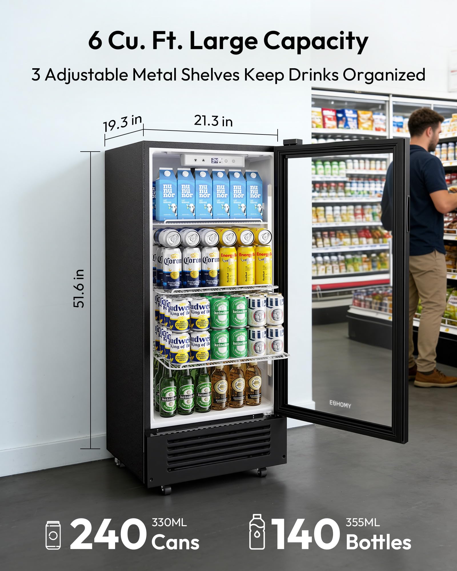 Euhomy 6 Cu.Ft Commercial Refrigerators With Double-Tempered Glass Door, Beverage Refrigerator With Lock And Adjustable Shelves, Display Fridge With LED Light For Bar, Office, Restaurant, Etl Listed on Fridge.com - View 3