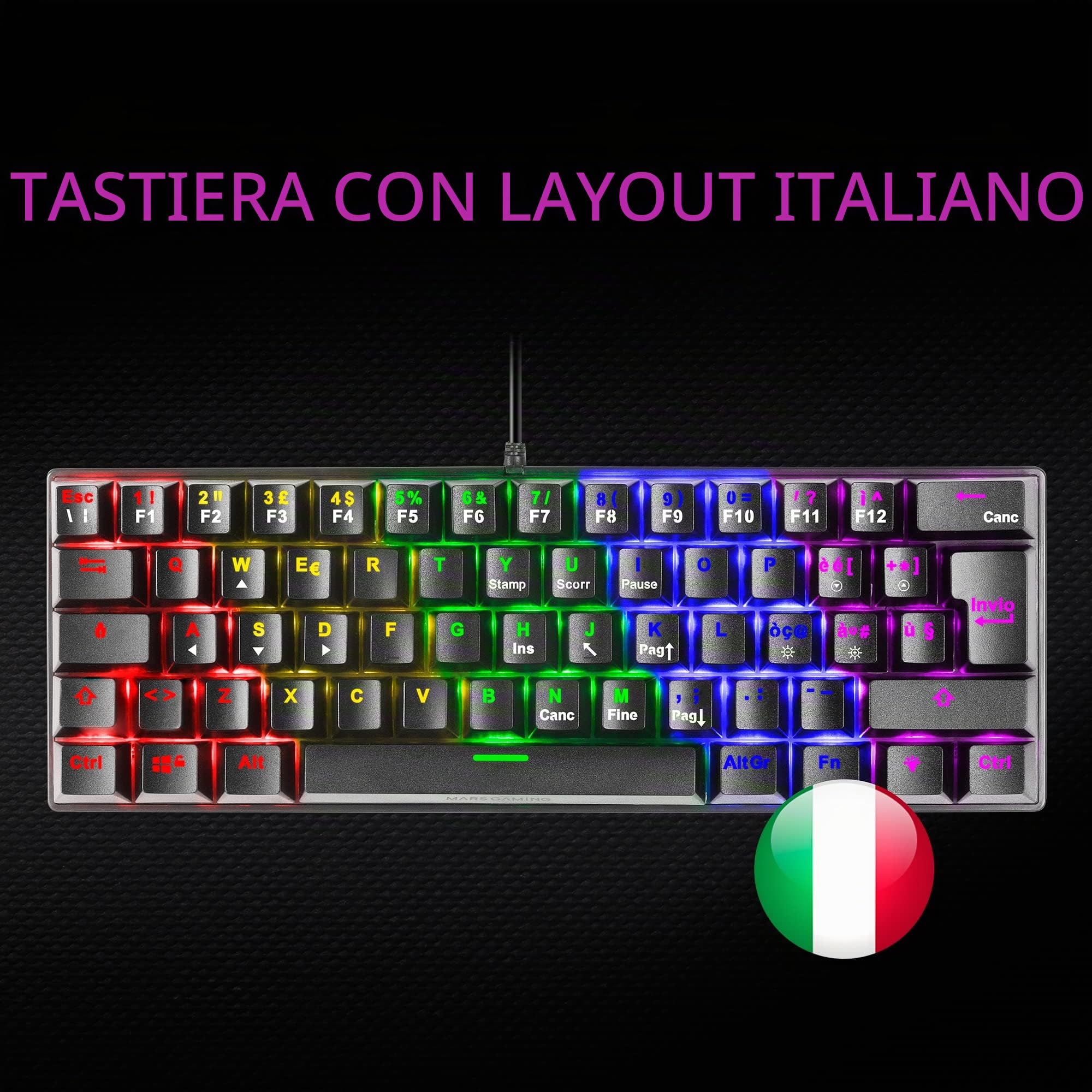 Mars Gaming MK60 Nero, Tastiera Gaming Meccanica FRGB, Antighosting, Switch Meccanico Blu, Lingua Italiano