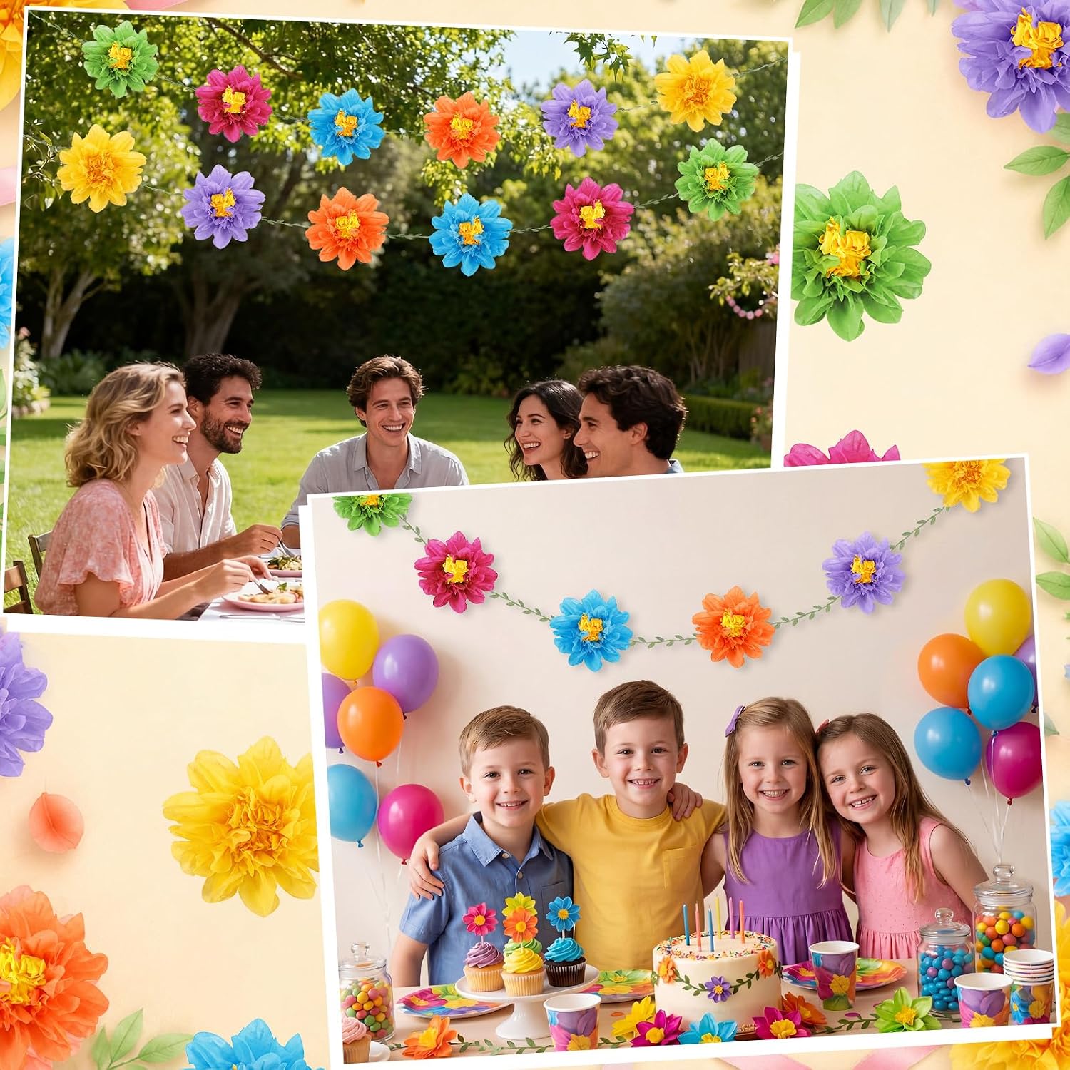 Funrous 2 Pcs Mexican Paper Flower Garlands Colorful Fiesta Tissue Pom Pom Garland Prestrung Floral Banner Hanging Streamer Backdrop for Summer Birthday Bridal Baby Shower Wedding Party Decoration