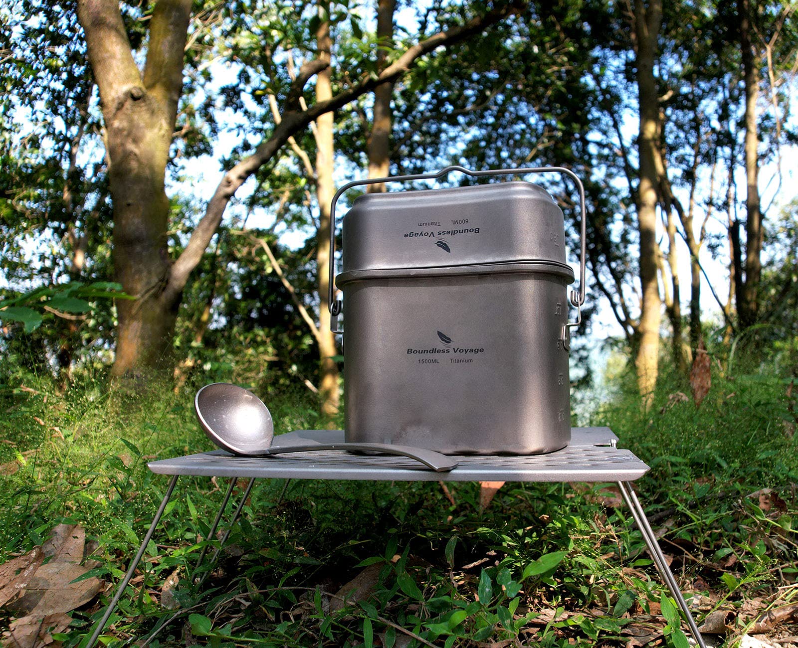 Boundless Voyage Titan-Kantinenbecher-Mess-Set Nierenförmiges Camping-Titan-Kochset zum Aufhängen mit Deckel und Griffen Ti2059C