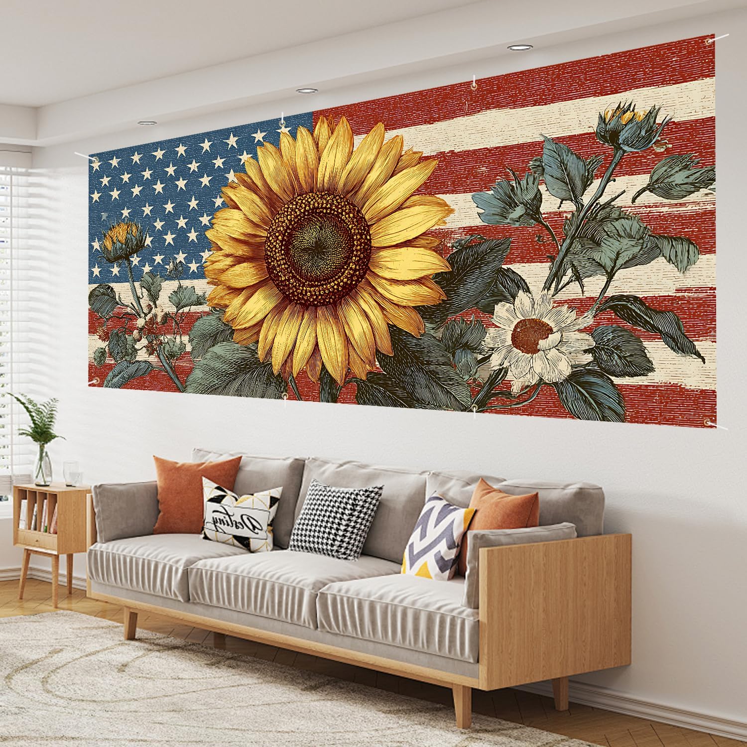 6x13FT Sunflower & Ameri-can Flag Garage Door Banner, Vintage USA Flag Design with Sunflowers, Patriotic Outdoor Decor for Independence Day, Memorial Day, Fourth of July