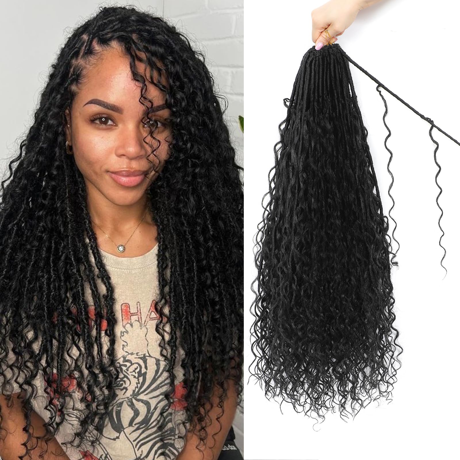 FANWYFYU 8 Packs Boho Faux Locs Crochet Hair 18 inch Goddess Locs Boho Soft Locs Crochet Hair with Curly Ends Pre-looped Long Bohemian River Locs Crochet Hair For Women (1B)