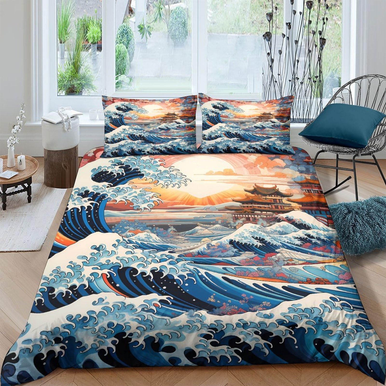 Ctjqhvkz Style-2 3D Printed Great Wave Fitted Sheet Microfiber Soft Ocean Sunset Bed Cover For Bedroom Guest Room Decor Single（135X200cm）
