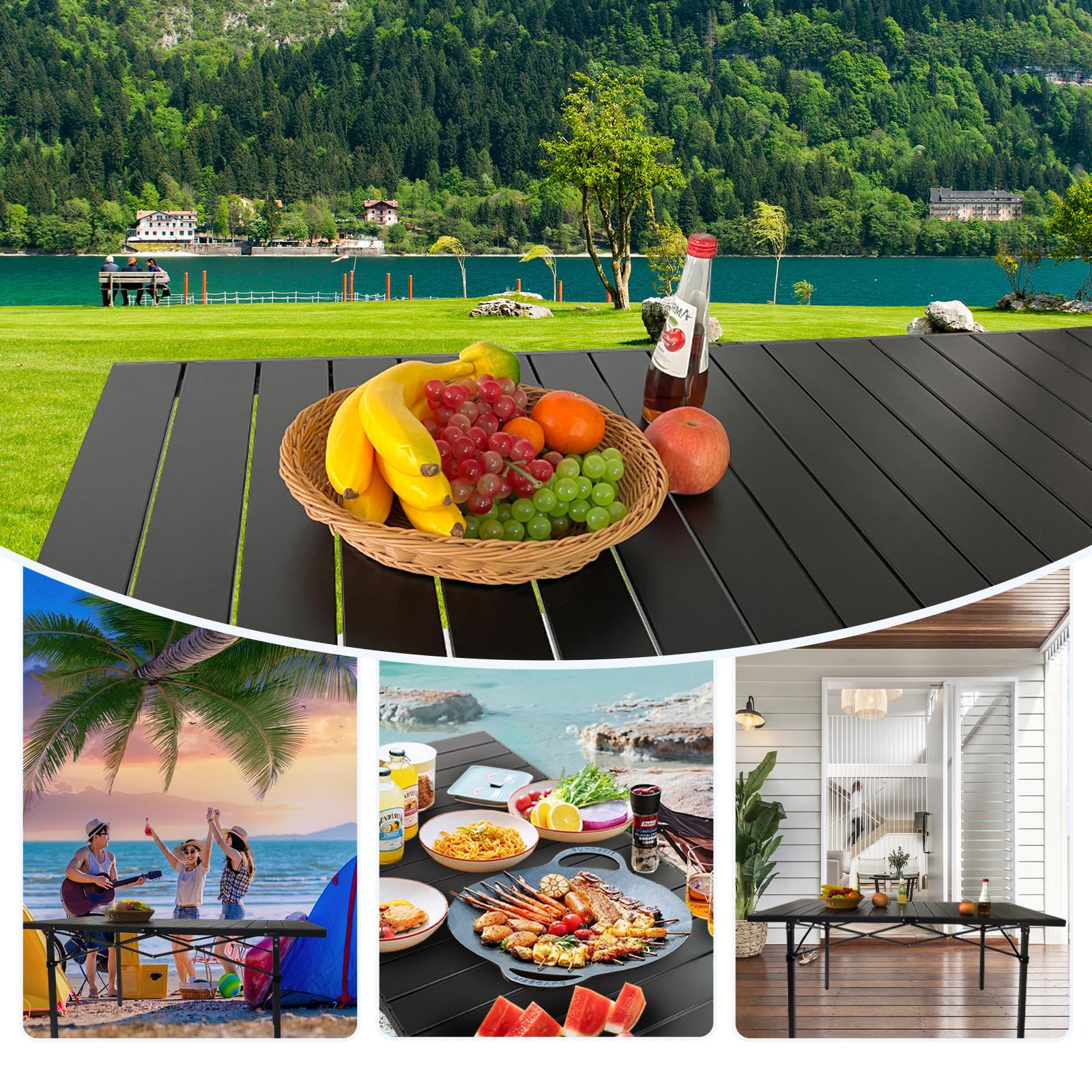 Campingtisch Klappbar Aluminium Breites Panel Groß Gartentisch für 4-6 Personen Outdoor Klapptisch Faltbar Rolltisch Reisetisch mit Aufbewahrungstasche 141 x 70 x 70cm bis 80kg Schwarz