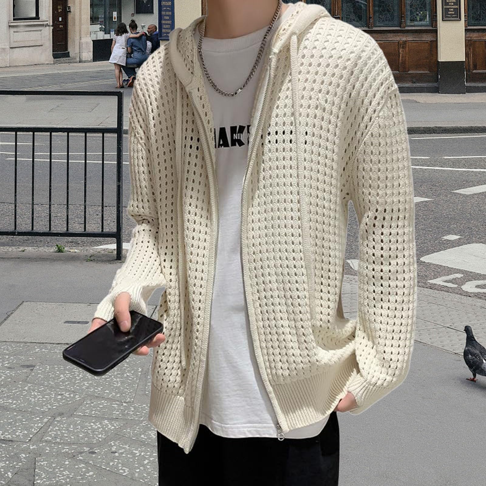 Cardigan estivo da uomo, leggero, a rete, casual, lavorato a maglia, morbido, confortevole, con cappuccio, a maniche lunghe, aperto, in rete, cardigan