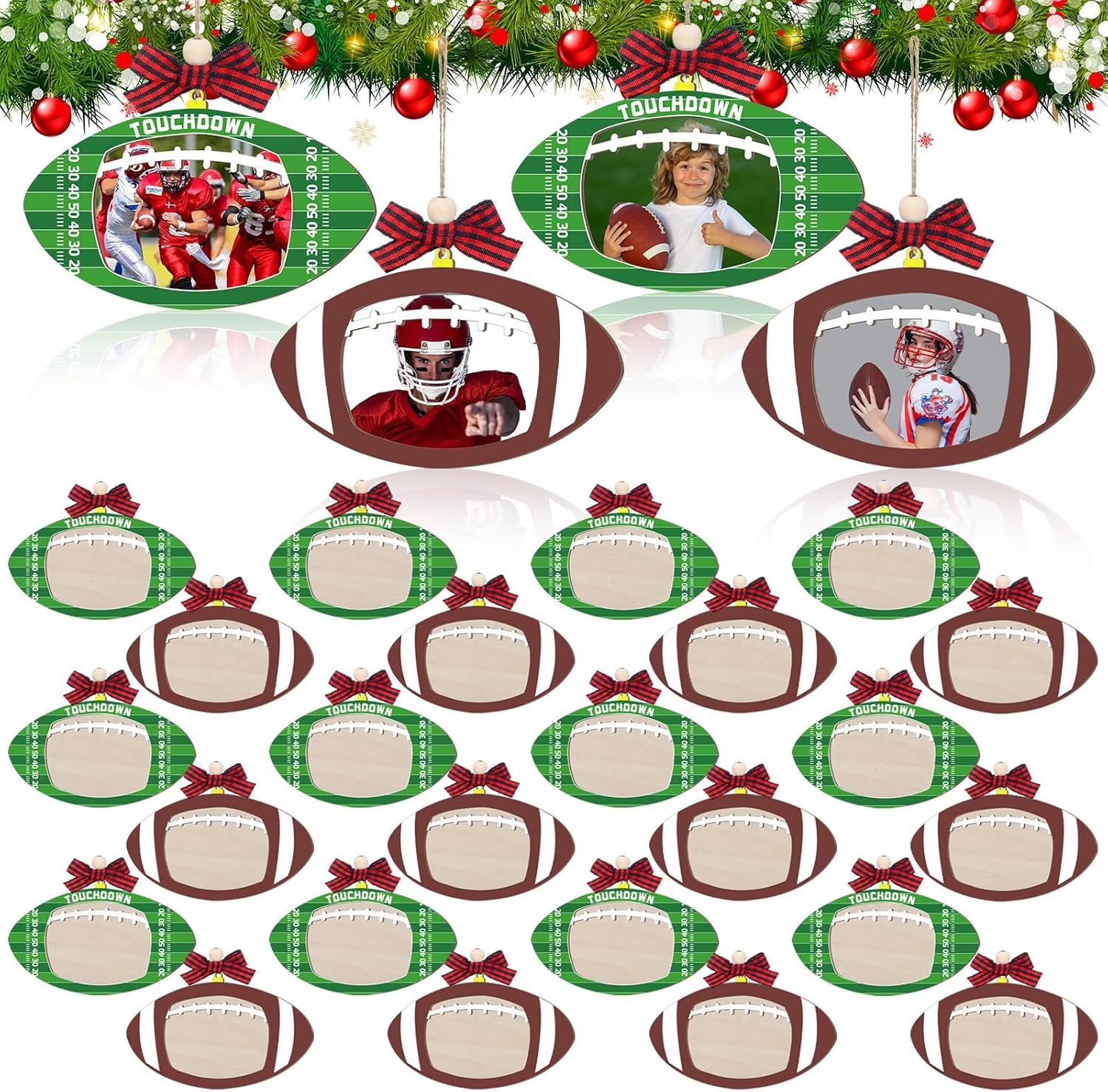 24 Pcs Football Ornaments for Christmas Tree Decorations Football Picture Frames Team Gifts Wooden Christmas Picture Frame Ornament for Sports Player Athletes Team Party Favor