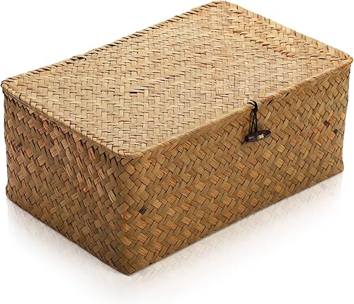 Yesland Cesta de almacenamiento de ratán de hierba marina tejida a mano, 11.5 x 7.5 x 5 pulgadas, contenedor organizador de maquillaje rectangular