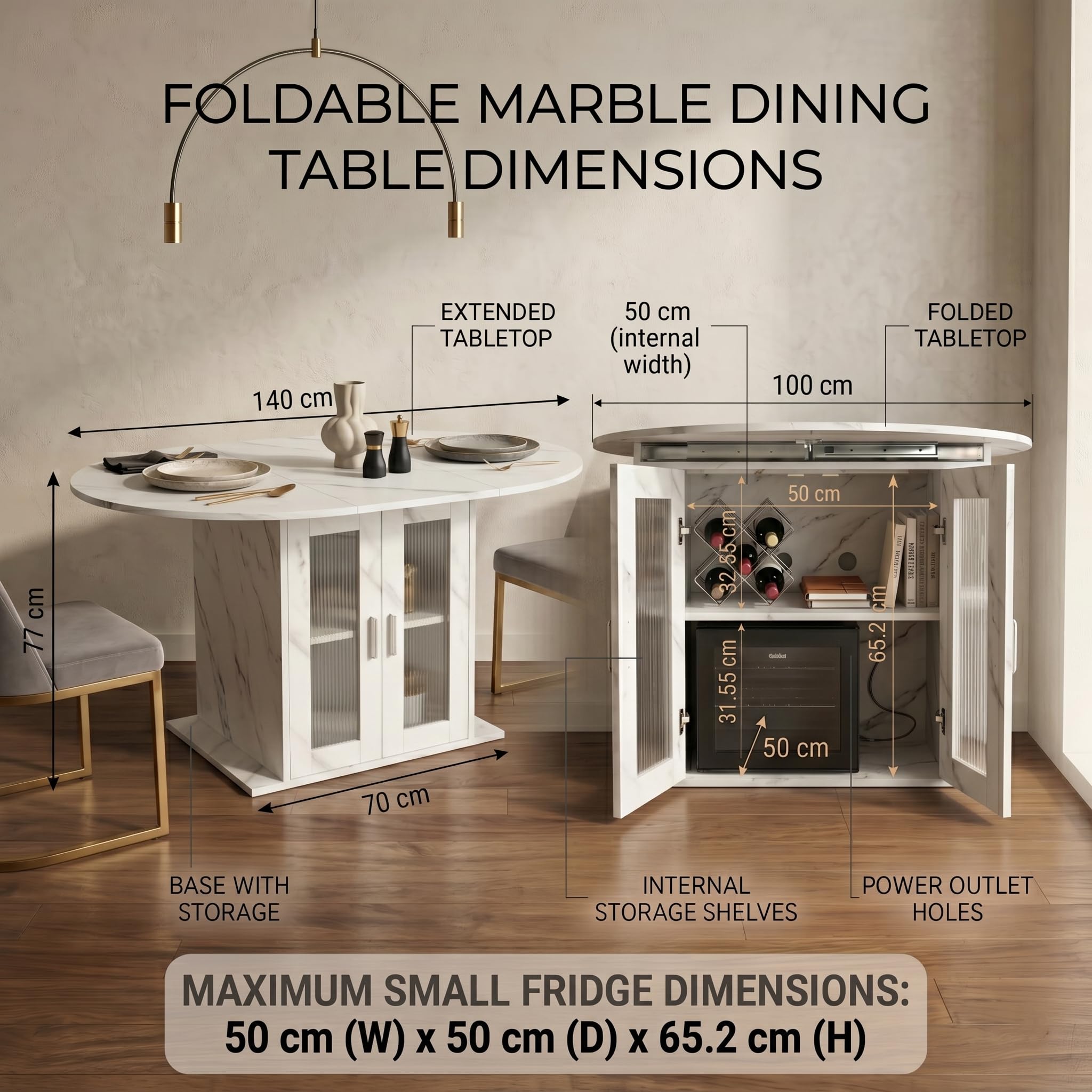 1 mesa de comedor extensible con almacenamiento para frigorífico, mesa de comedor redonda y ovalada para 4 – 6 personas, estable y ahorra espacio, para cocina, comedor y sala de estar (blanco, 100-140