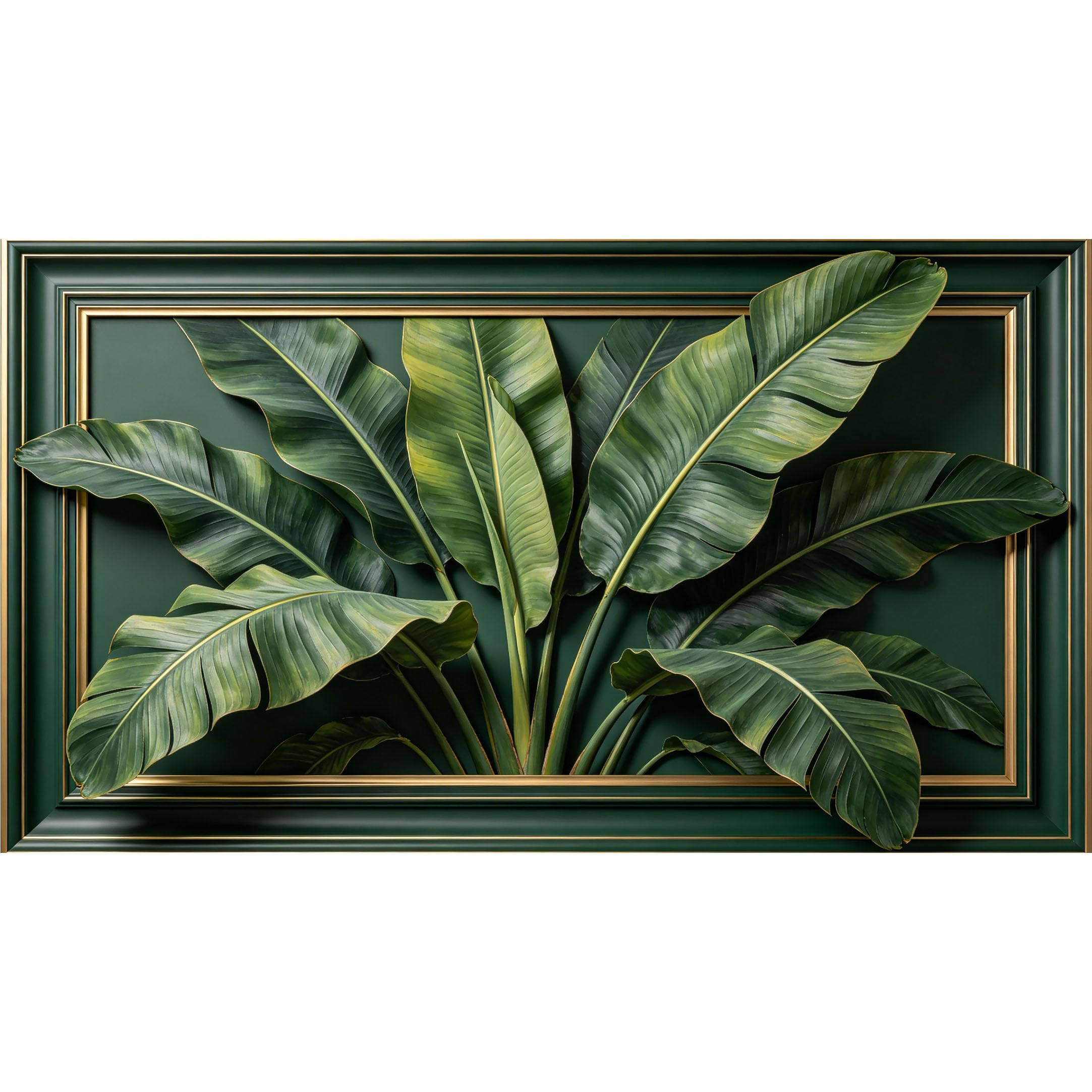 QZLITHOTIC 50x90cm3D Framed Wall Art， Tropical Banana Leaf Botanical Green Jungle Self‑Adhesive Mural， Water‑Activated Peel & Stick Fabric Decor Wall Decal for Bedroom Living Room