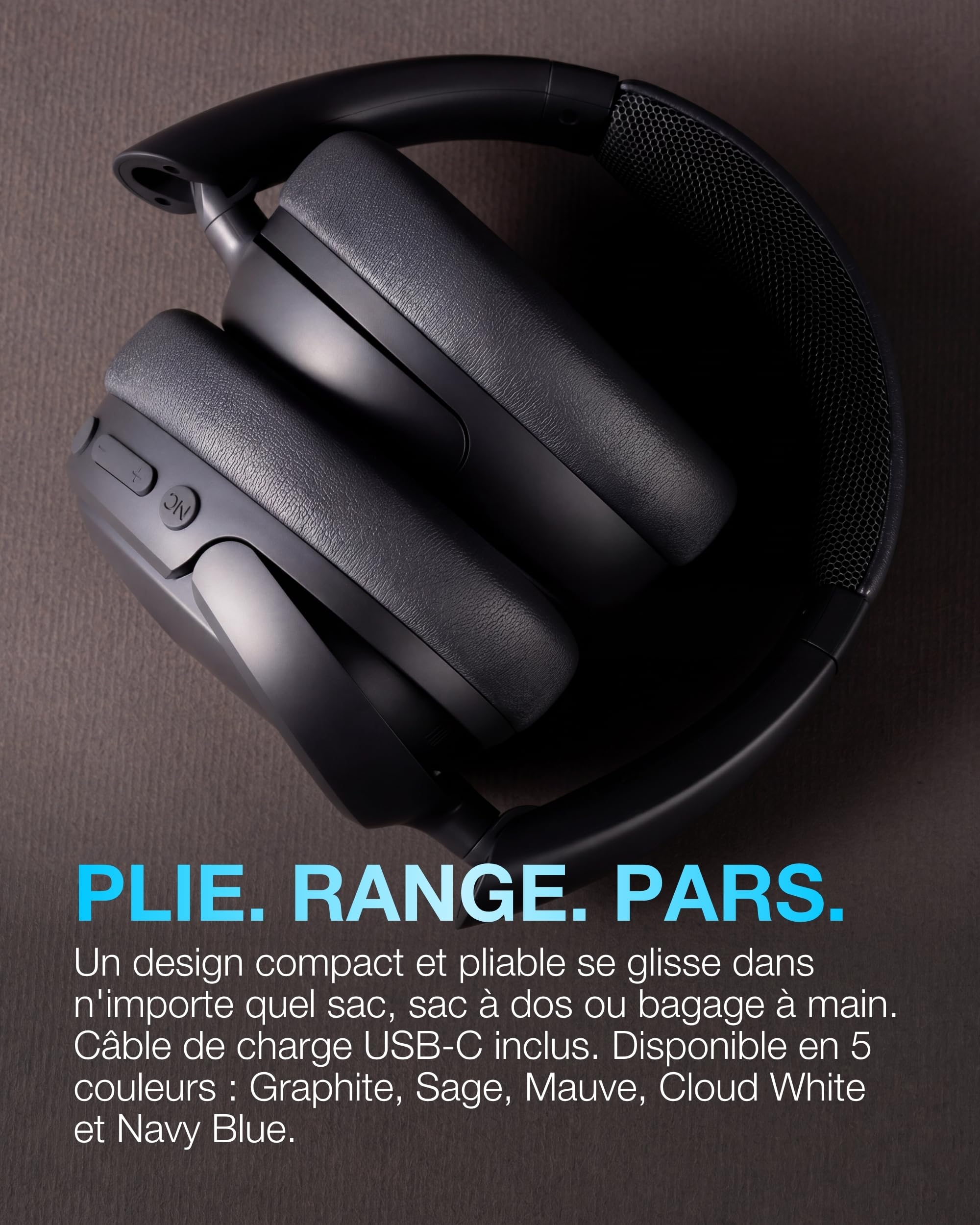 JLab JBuds LUX ANC Casque Audio Bluetooth sans Fil Anti Bruit - Casque Réduction de Bruit Active Supra-Auriculaire avec Micro pour Musique et Voyage, 70+ H d'Autonomie, Pliable, Graphite