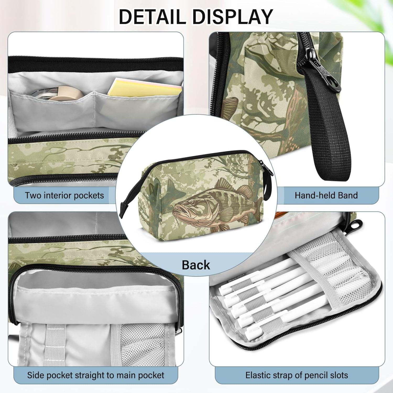 Portable Pencil Case Pen Bag with Zipper, Bass Fish Camo Large Pencil Pouch Pen Case Stationery Bag for Office School Student, Multifunctional Pen Box for Girl Boy Men Women