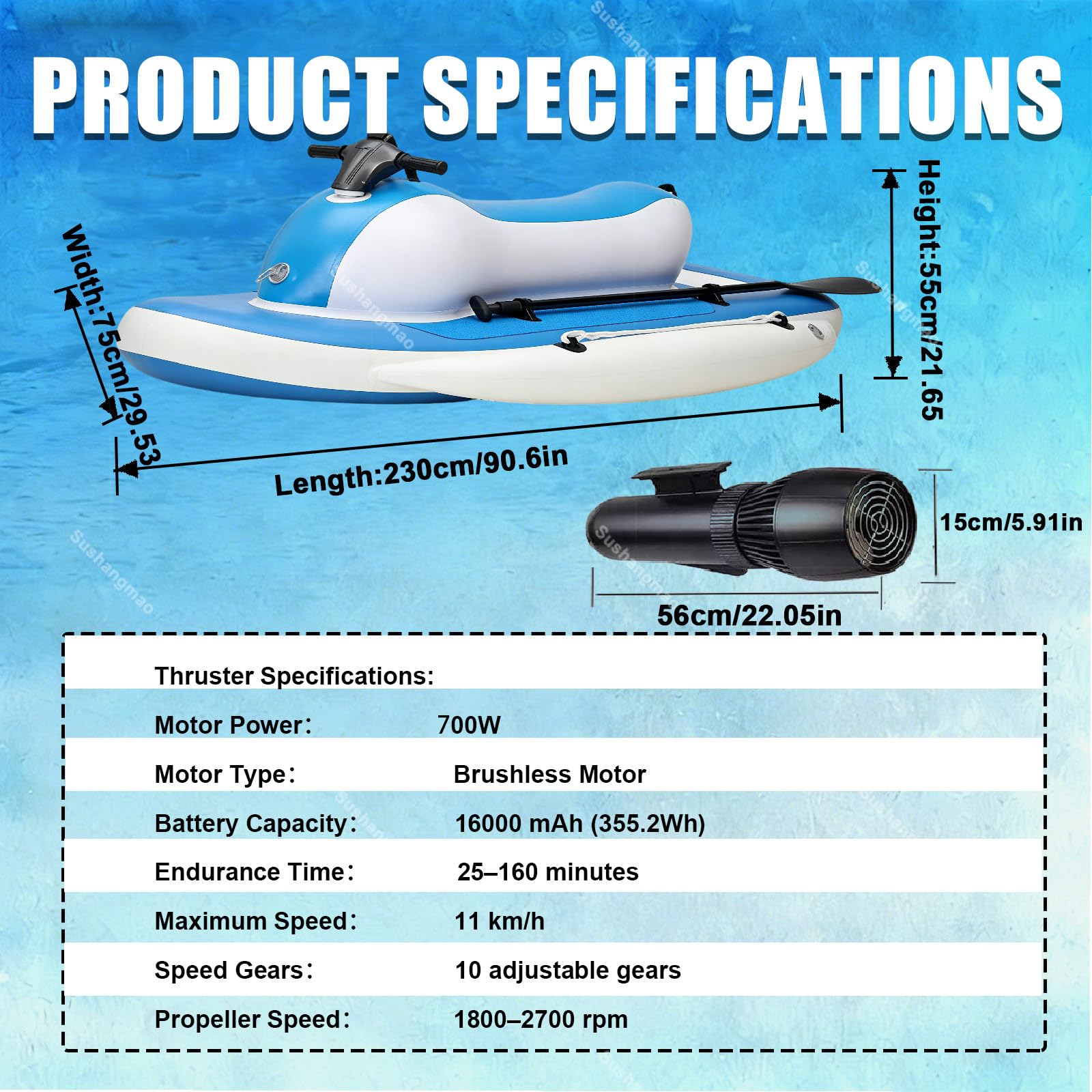 2026 Moto Acuática con Scooter Submarino/Bote Inflable Jet Boat Pro – Motor Sin Escobillas 500W/700W, Control Remoto 10 Velocidades, Batería 10000/16000mAh, 7-11 km/h (4.3-6.8 mph) 700w
