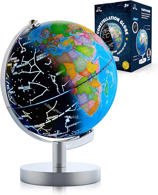 USA Toyz Illuminated Globe for Kids Learning- 3-in-1 STEM Globes of the World with Stand, Constellation Map, Built-in LED Night Light Desk Globe Lamp, Non-Tip Metal Base, 9.75” Tall, 7 Inch Diameter