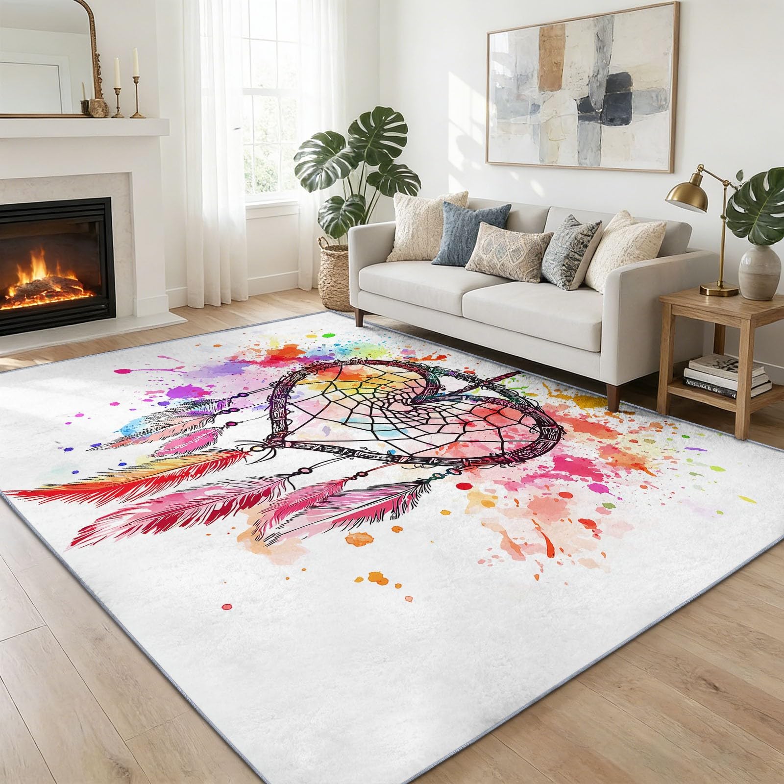 Spirituelle Boho-Kunst 80 x 150 cm Waschbar Teppich Wohnzimmer, Verträumt Traumfänger Federn Textur Rutschfest Teppich Schlafzimmer Mehrfarbig Kurzflor für Kinderzimmer Bettvorleger Spielzimmer