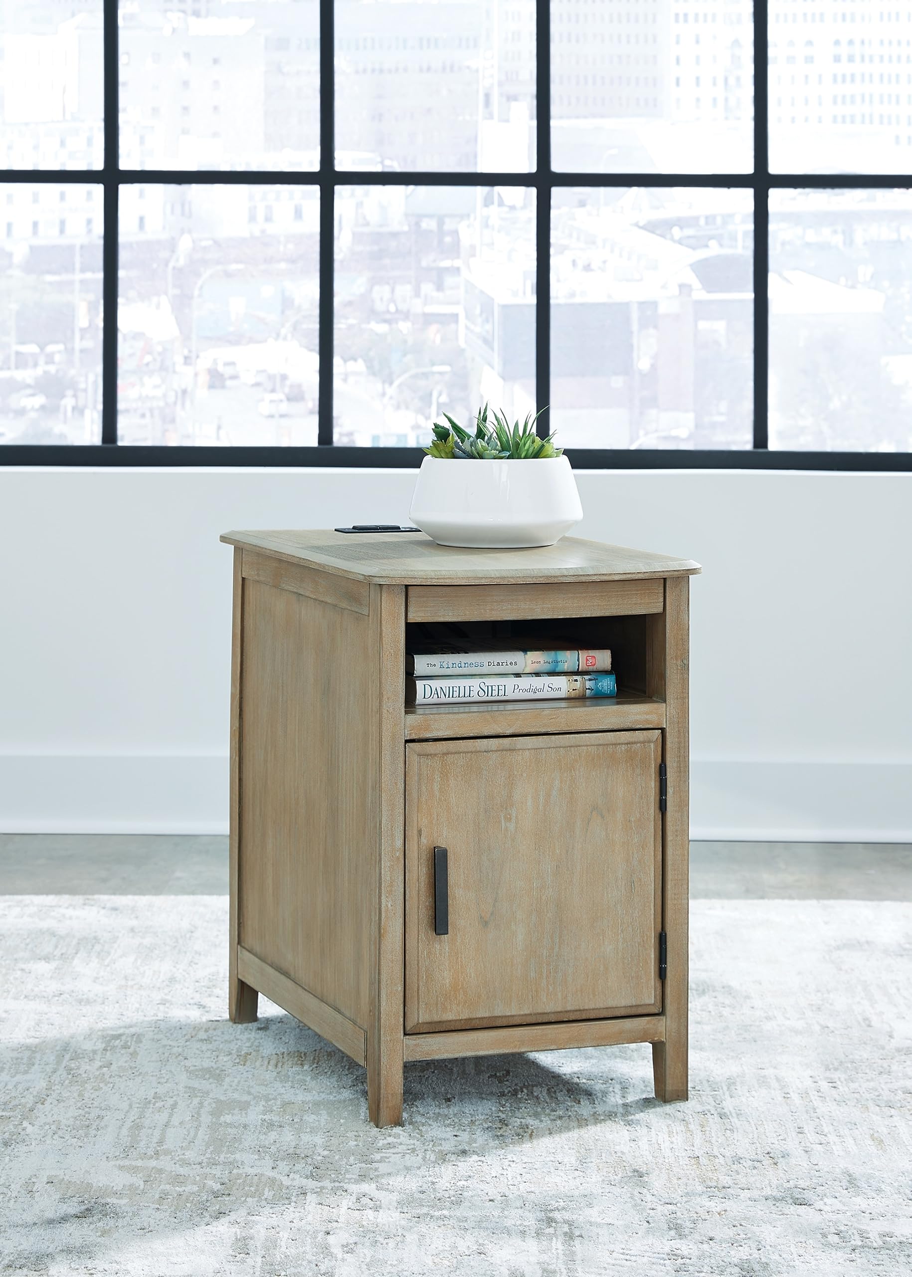 Signature Design by Ashley Devonsted Casual End Table with Cabinet, USB Ports, and Pull-Out Tray, Light Brown