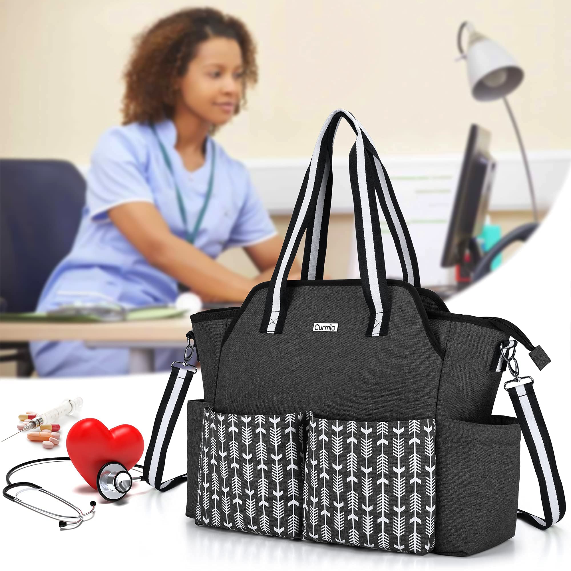 CURMIO Sac d'infirmière, sac de fournitures médicales portable avec bandoulière pour les visites à domicile, les études cliniques, les soins de santé, sac uniquement, Noir