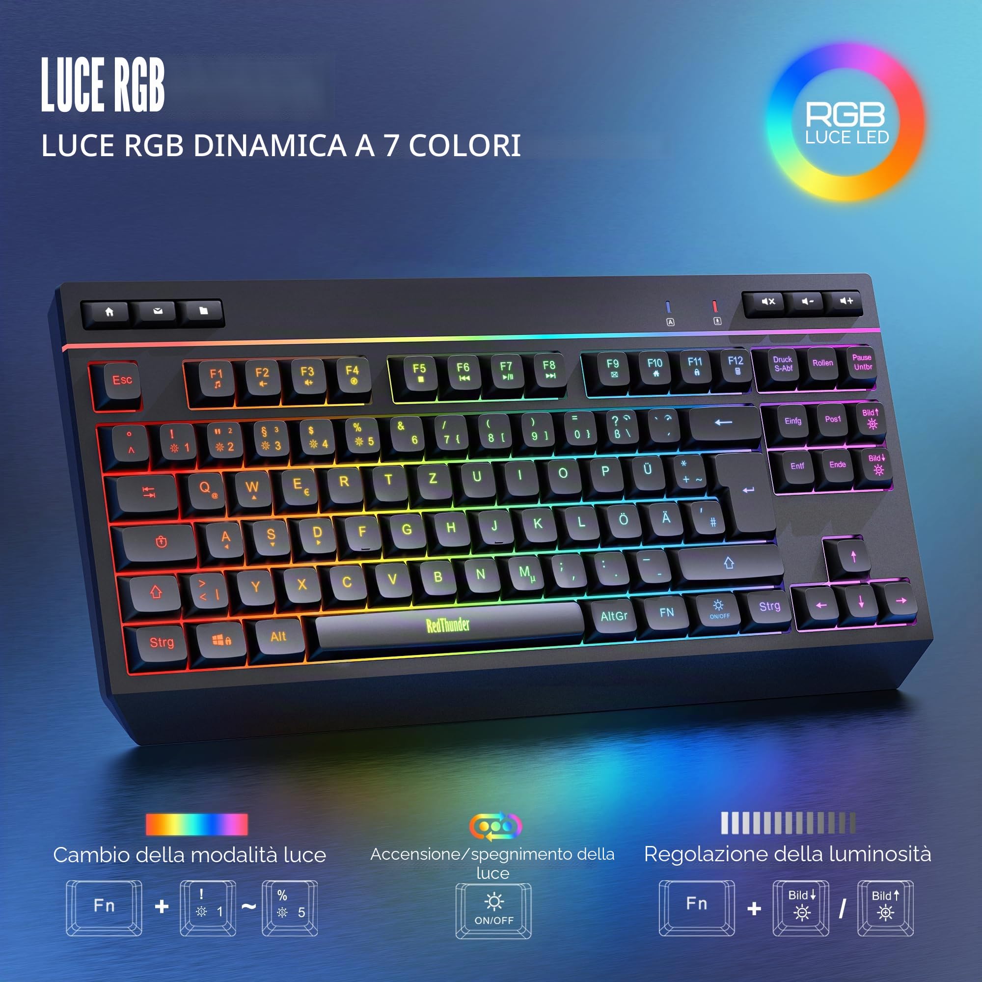 RedThunder Set tastiera e mouse wireless 75%, QWERTZ 94 tasti TKL Layout, RGB, tastiera wireless ricaricabile con tasti funzione multimediale, mouse ottico 7D per PC Xbox PS5, ufficio (nero)