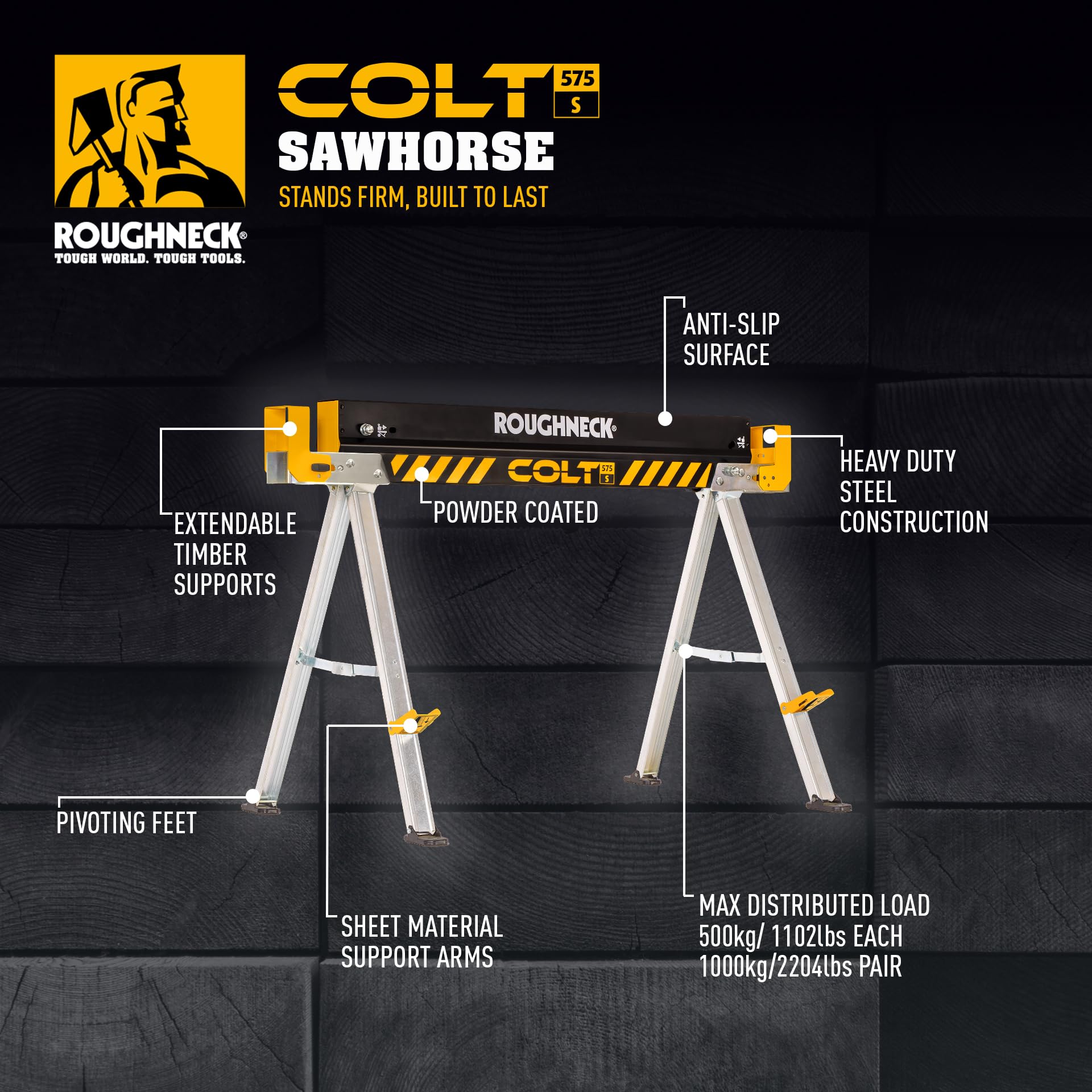 Cavalletto ROUGHNECK COLT 575S, struttura in acciaio ultra-resistente con portata di 500 kg per carpenteria e edilizia