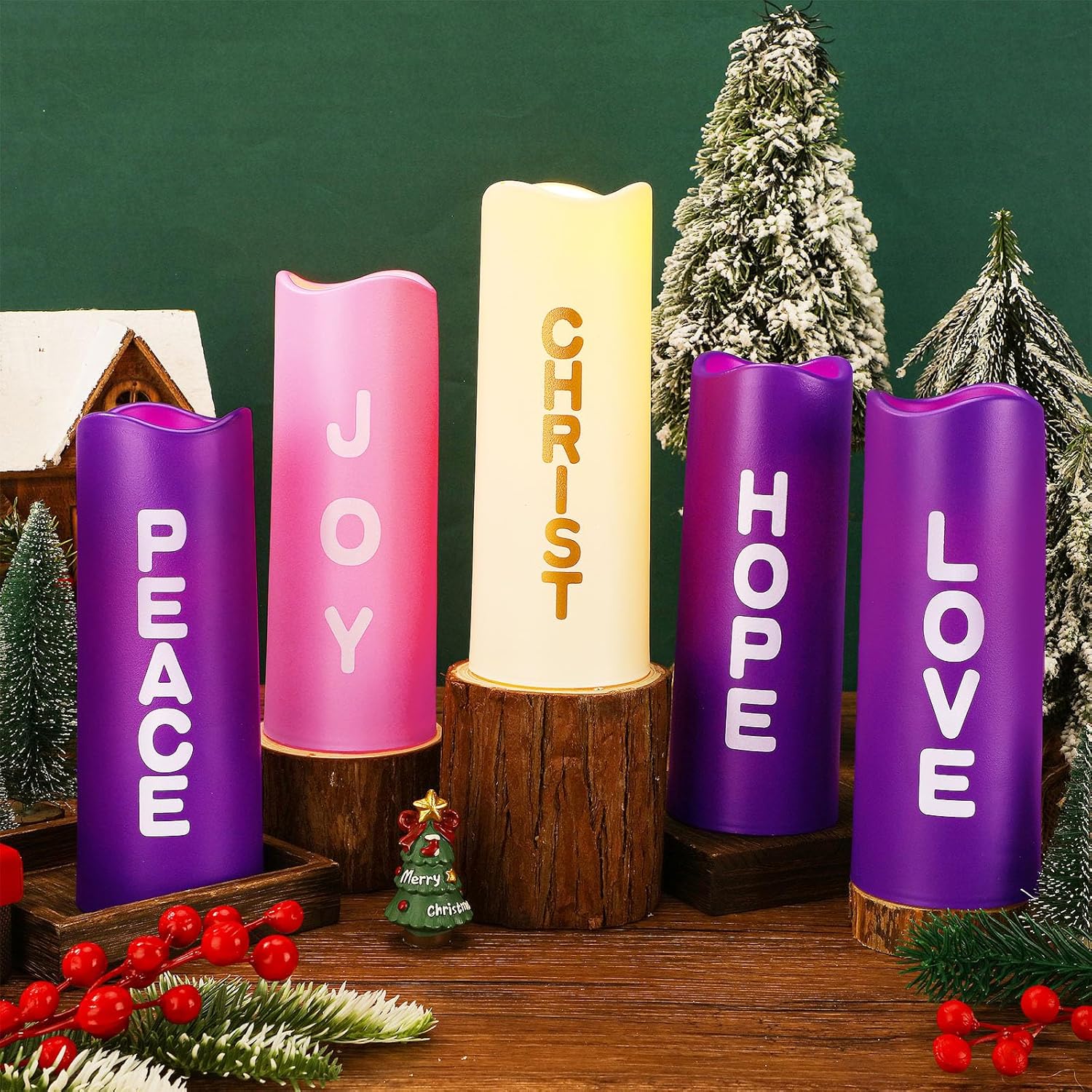 Mudder 5 Pcs Christmas Advent Pillar Candles LED Flameless Advent Candle Set Christmas Candles with Words Hope Peace Love Joy Christ and Remote Purple Pink White Pillar Candles for Church Wreath