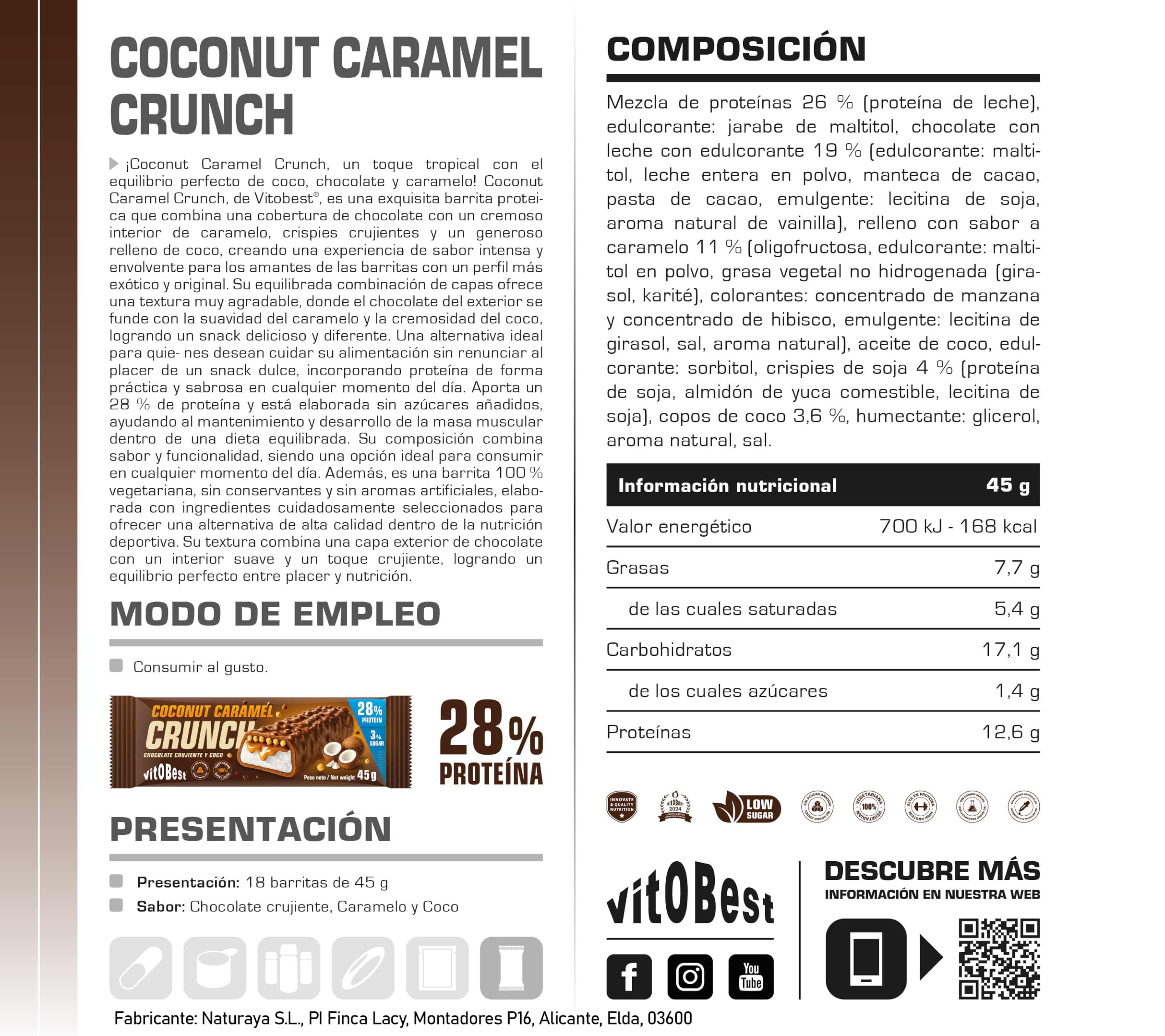 VITOBEST | Barritas Coconut Caramel Crunch | 28% de proteína con delicioso sabor y textura, Sin azúcares añadidos | Sabor Chocolate crujiente, Caramelo y Coco - 24 barritas x (45 g)