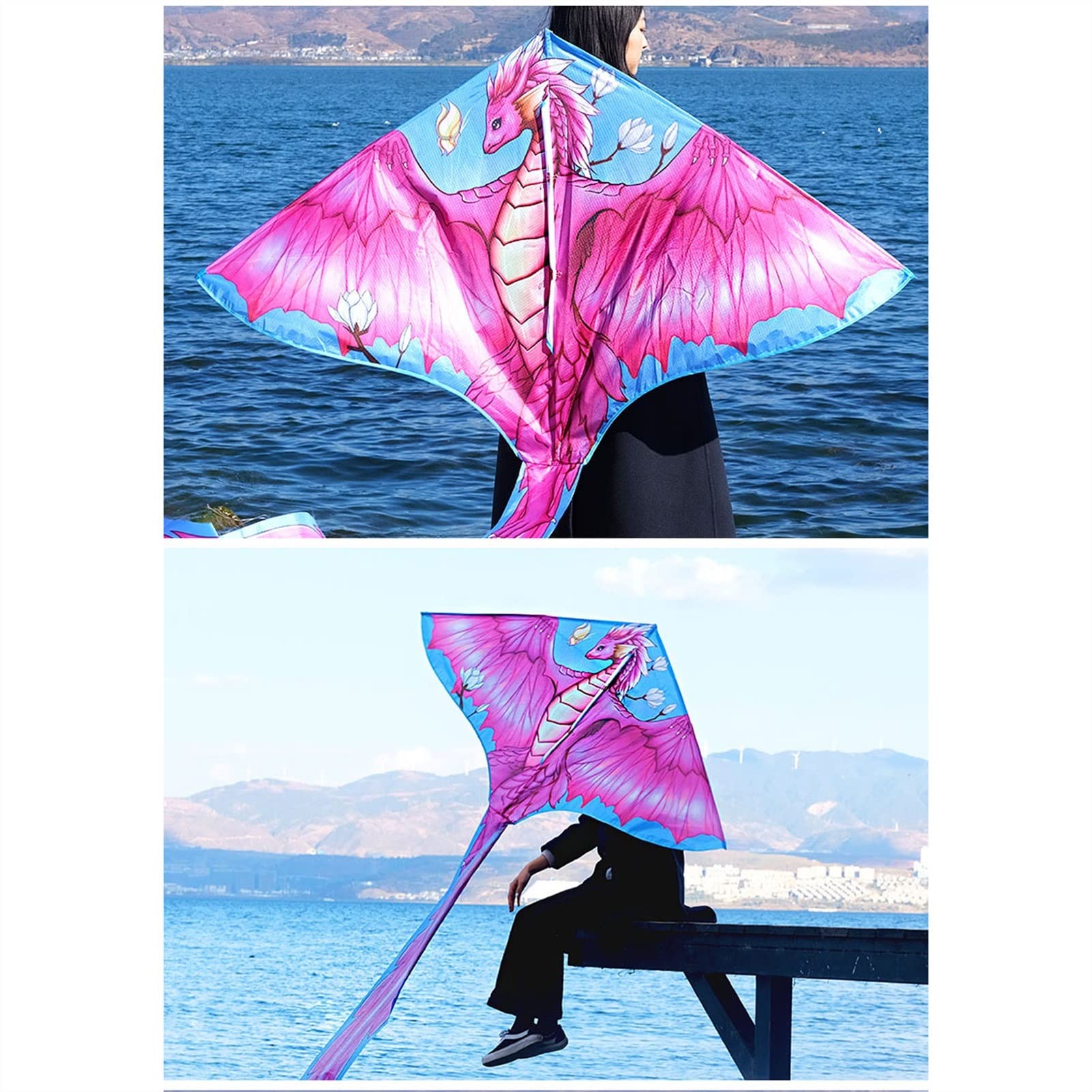 Cometa para niños, juego de cometa de dinosaurio rosa para niños y adultos, fácil de volar, 400 m, línea de cometa para deportes al aire libre, cometa colorida