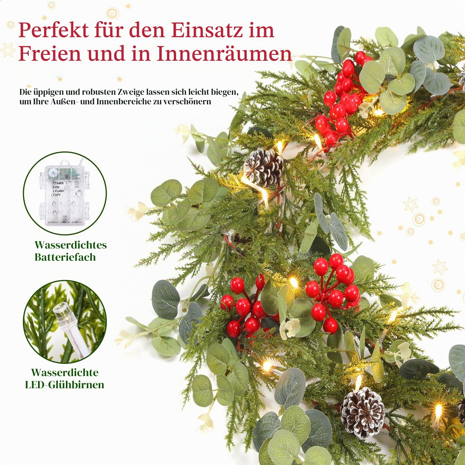 Lewondr Weihnachtsgirlande mit Beleuchtung, 2,7m 30LED Warm Batteriebetrieben Girlande Lichter mit Timer, Weihnachtsdeko Innen für Treppen Geländer Kaminsims, Künstliche Eukalyptus Girlande