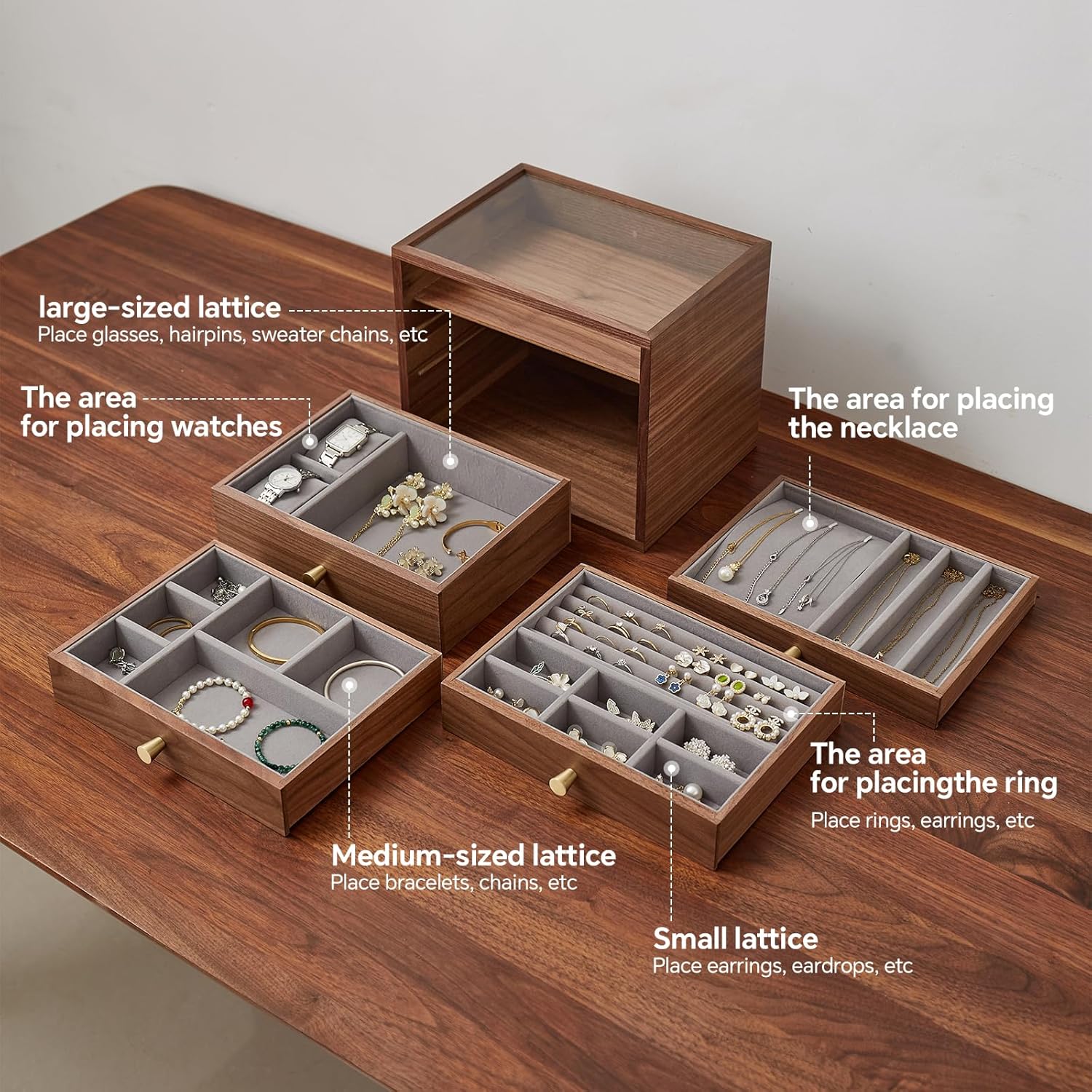 Black Walnut Jewelry Organizers and Storage,4 Layer Wooden Jewelry Boxes for Women,for Necklaces Ring Earring (4 Layer) - Image 2