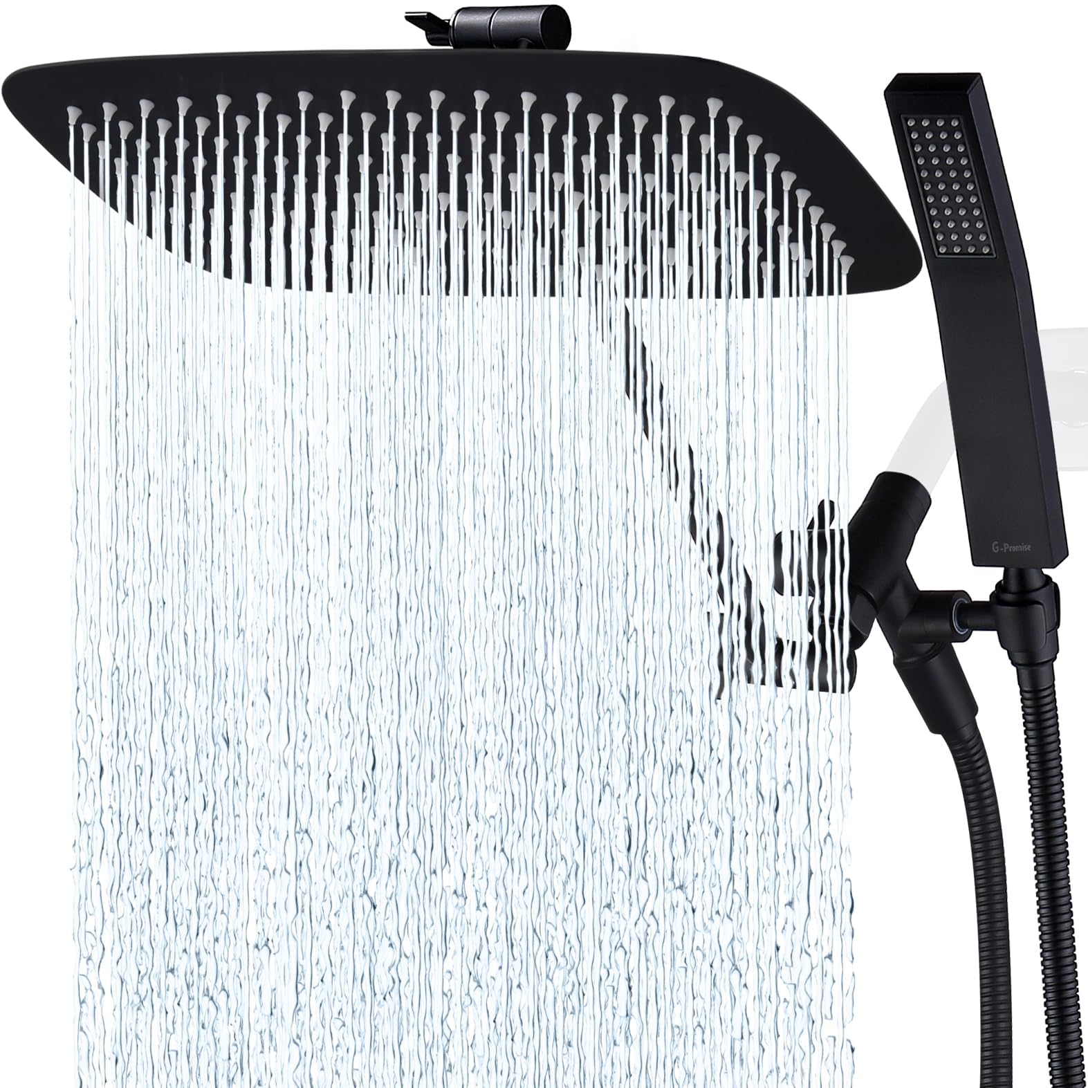 G-Promise All Metal 14 Inch Dual Square Shower Head with Handheld Spray Combo, Rain Shower Head, Adjustable Extension Arm, 3-Way Diverter, 71 Inch