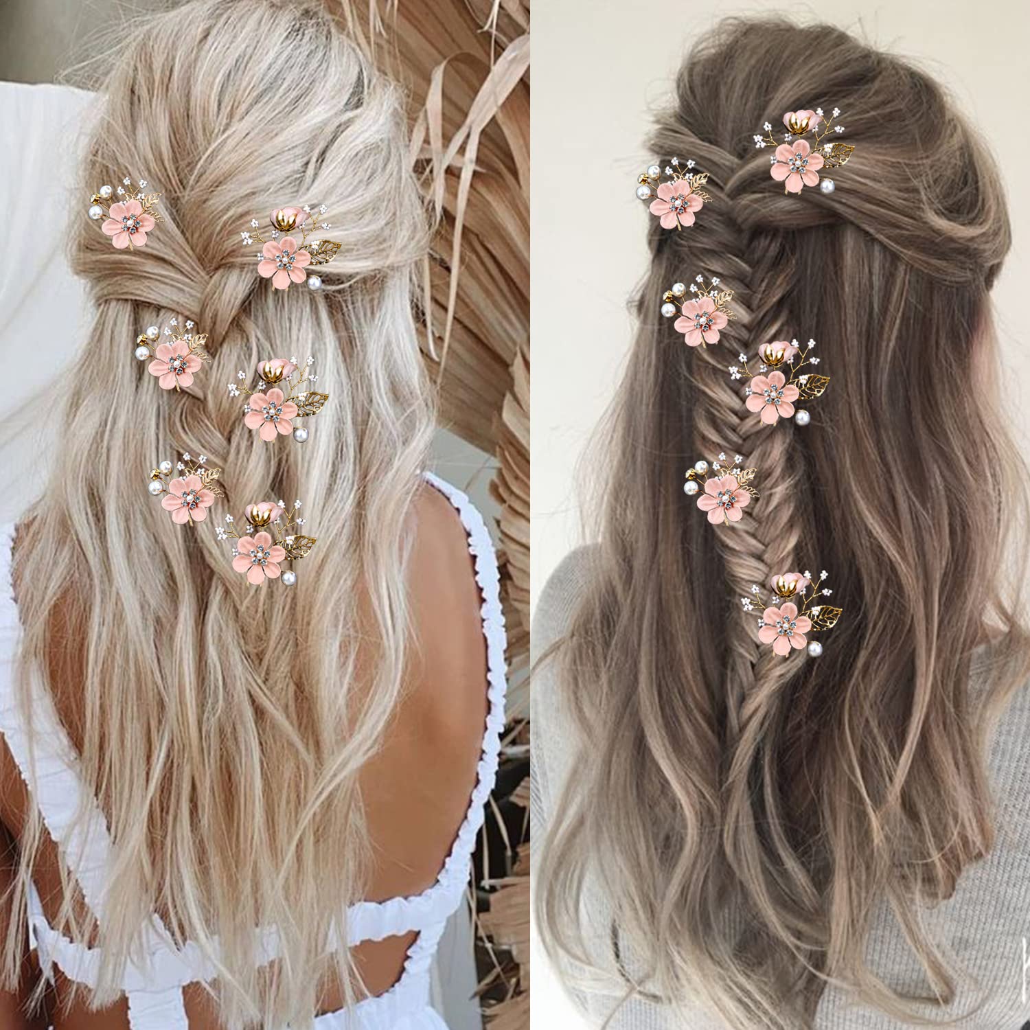 6 Pieces Bridal Flower Wedding Hair Pins Crystal Pearl Hair Pins Clips Headpiece Gold Wedding Hair Accessories Jewelry with Rhinestone for Brides Bridesmaids Women Girls Updo (Cherry Blossoms Pink) - Image 7