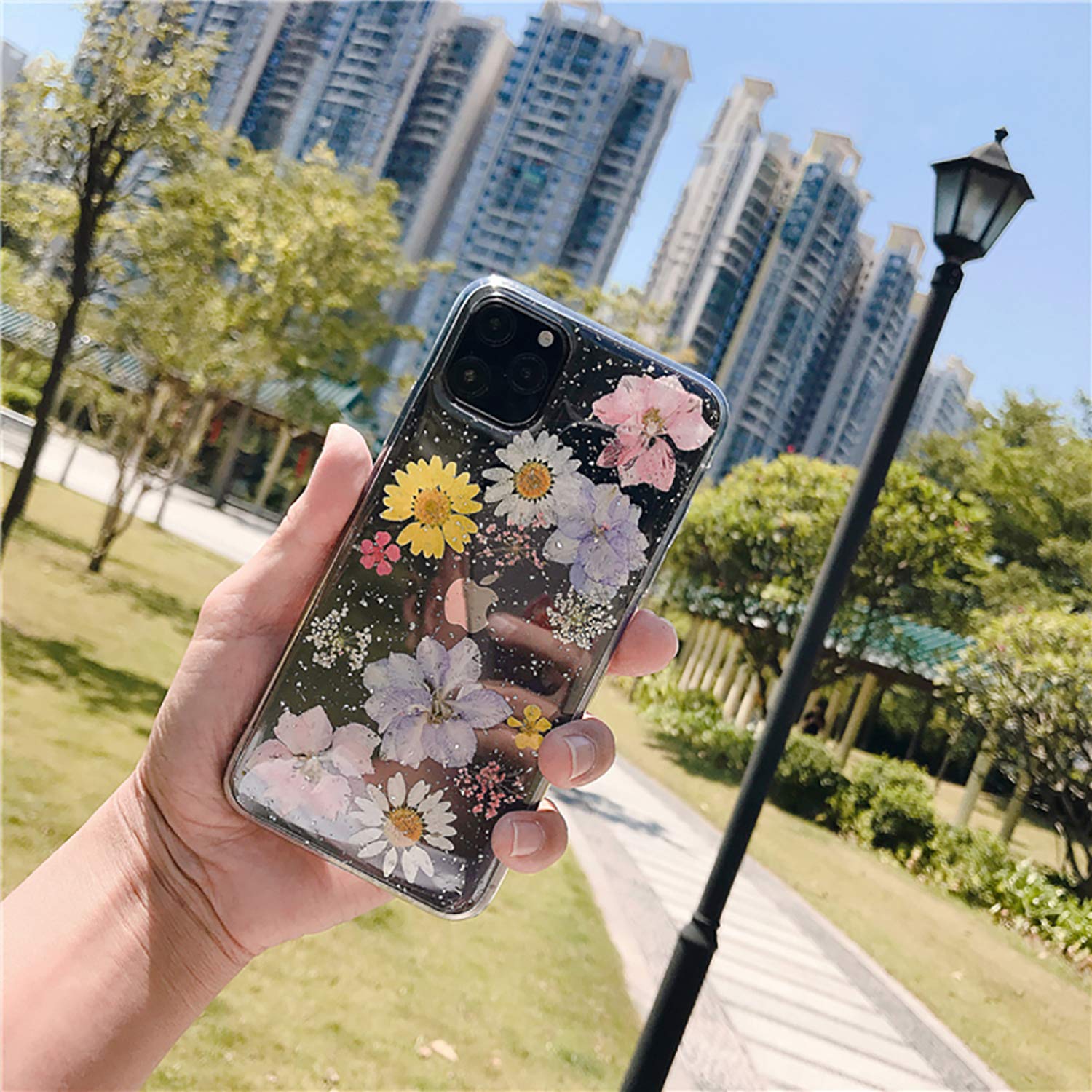 Custodia protettiva per iPhone 11, decorata a mano con veri fiori secchi, in gomma trasparente, motivo floreale colorato, per Apple iPhone 11, piccolo fiore giallo