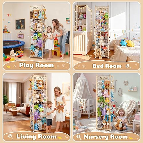Miniatura 8 de OurWarm Almacenamiento y organizador de animales de peluche, 68.5 pulgadas, soporte grande de madera para animales de peluche con ruedas,