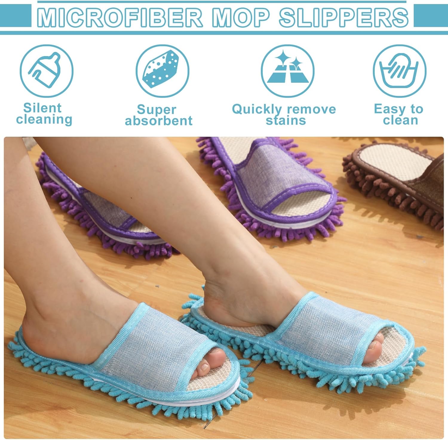 Wesiti 4 Pairs Washable Mop Slippers Microfiber Funny Mop Shoes Floor Cleaning Slippers for Women Home Floor(Simple,Brown, Blue, Purple, Beige)