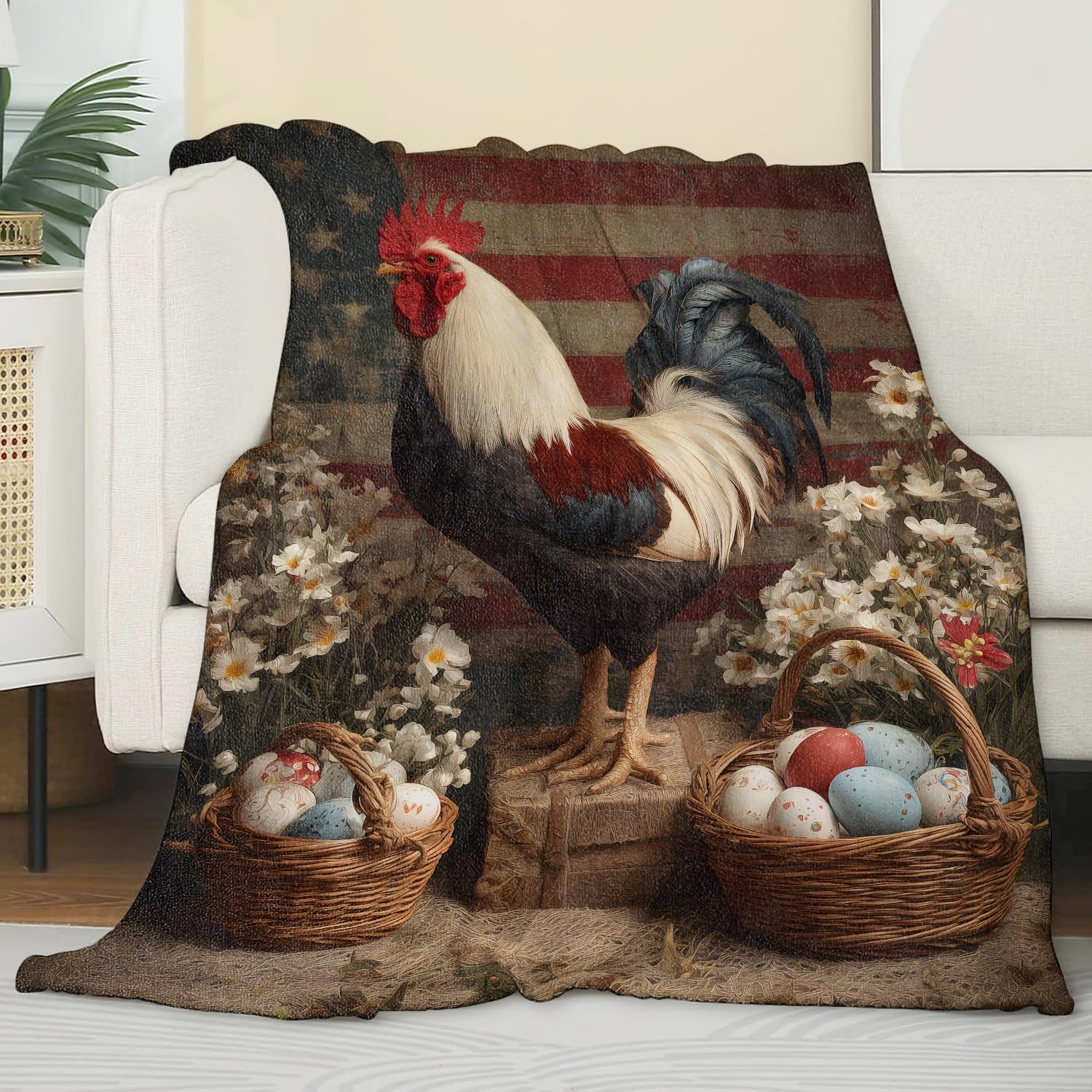 Patriotic Rooster Blanket,Vintage American Flag Easter Egg and Flower Blankts,Gifts for Patriots Farmhouse Lovers Nature Fans,Cabin Picnic Travel Decor,Soft Lightweight Flannel Throw,50"x60"