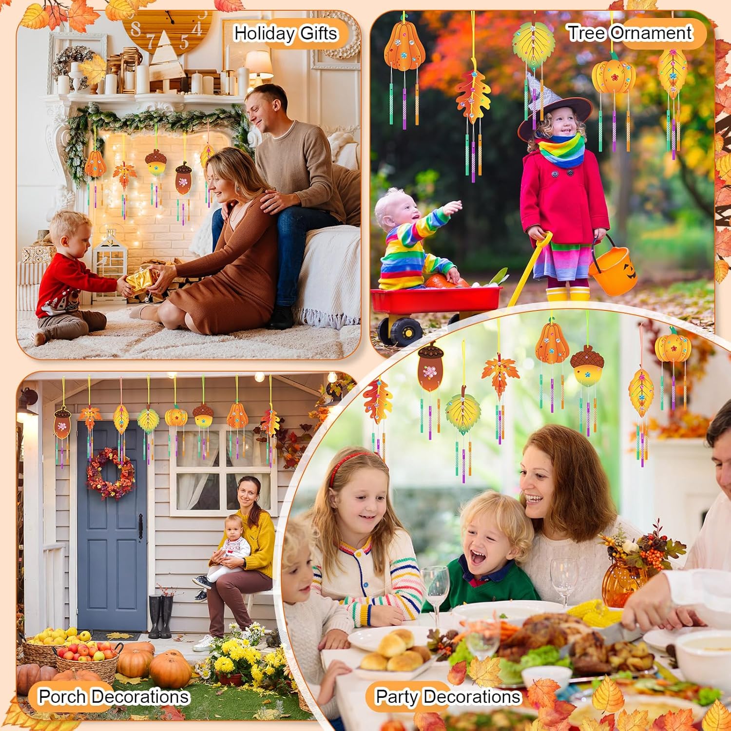 WinnerWhy 16 Pack Wind Chime Kit Fall Craft Make Your Own Leaf Pumpkin Pine Cones Wind Chime DIY Wooden Hanging Ornaments Painting Craft for Thanksgiving Family Activities Party Supplies