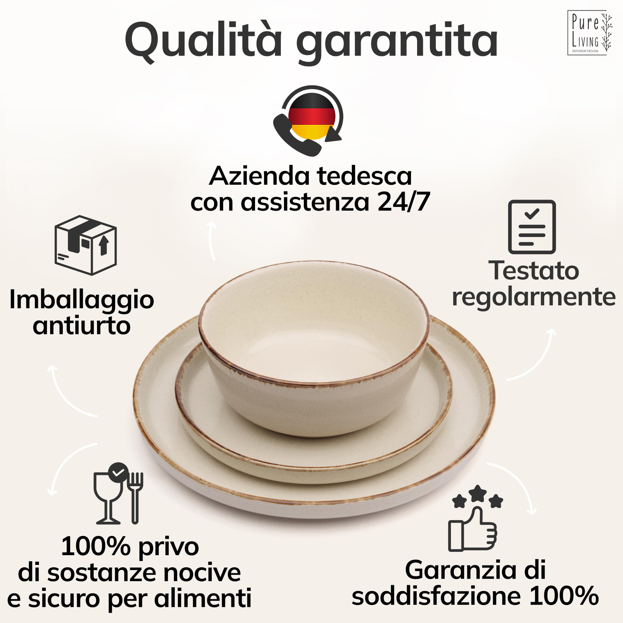 Set di Piatti in Ceramica per 12 Persone Rustic 36 Pezzi - Design Rustico e Moderno, Lavabili in Lavastoviglie - Set di Ciotole e Piatti Colorati - Pure Living beige