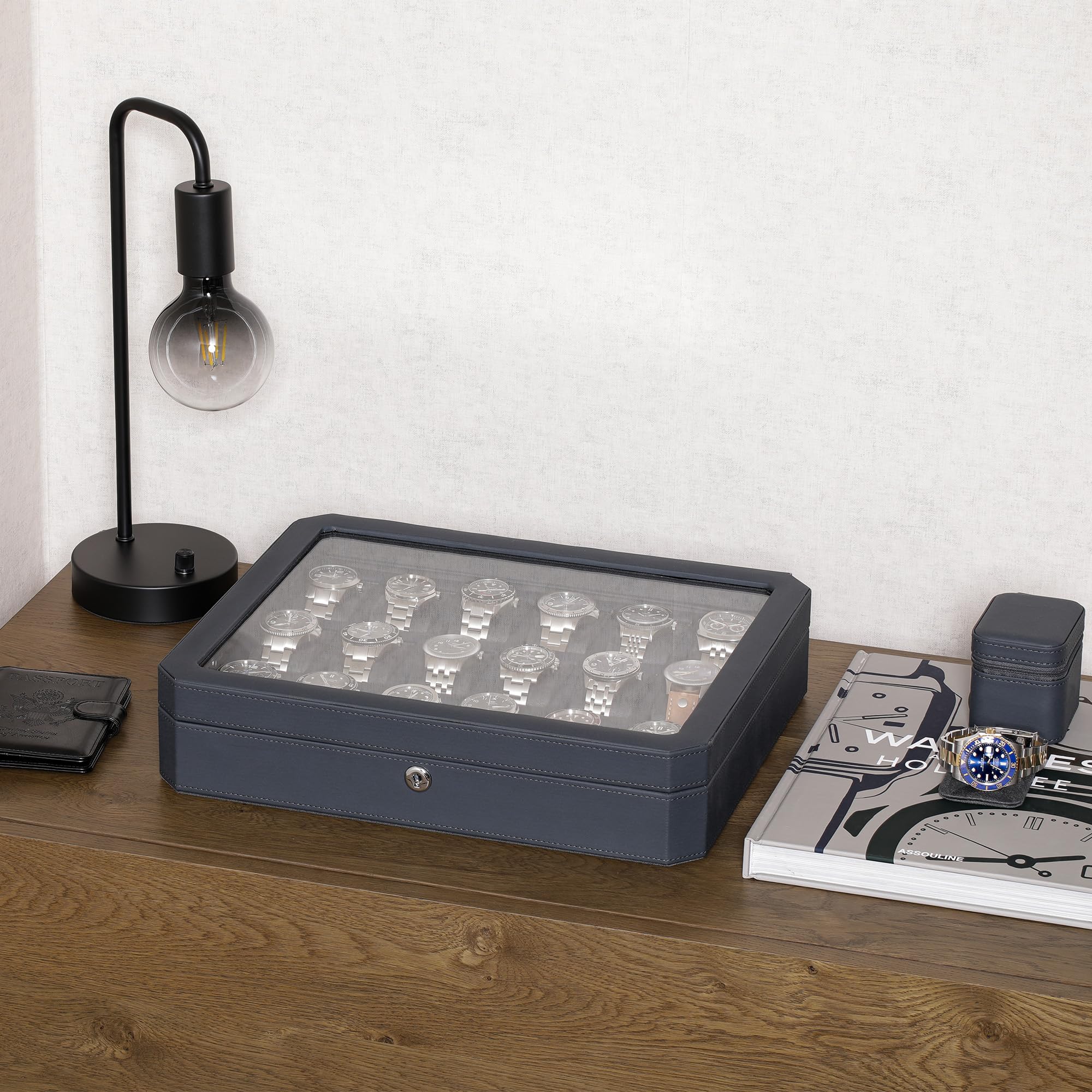 ROTHWELL Scatola per Orologi da Uomo in Pelle a 12 Slot - Supporto per scatole portaoggetti da Uomo con Parte Superiore in Vetro di Grandi Dimensioni