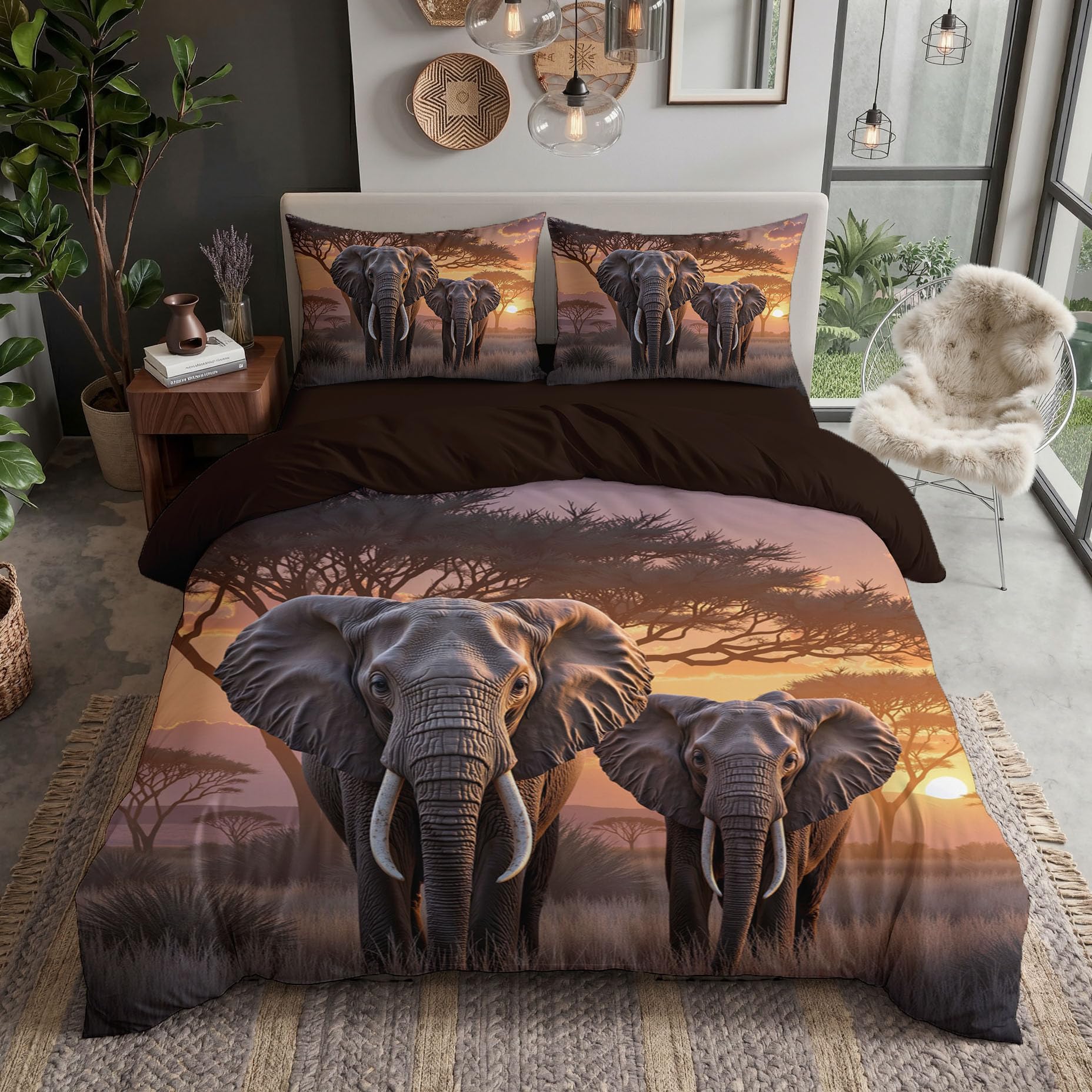 Housse de couette 200x200cm éléphant en microfibre avec 2 taies d'oreiller