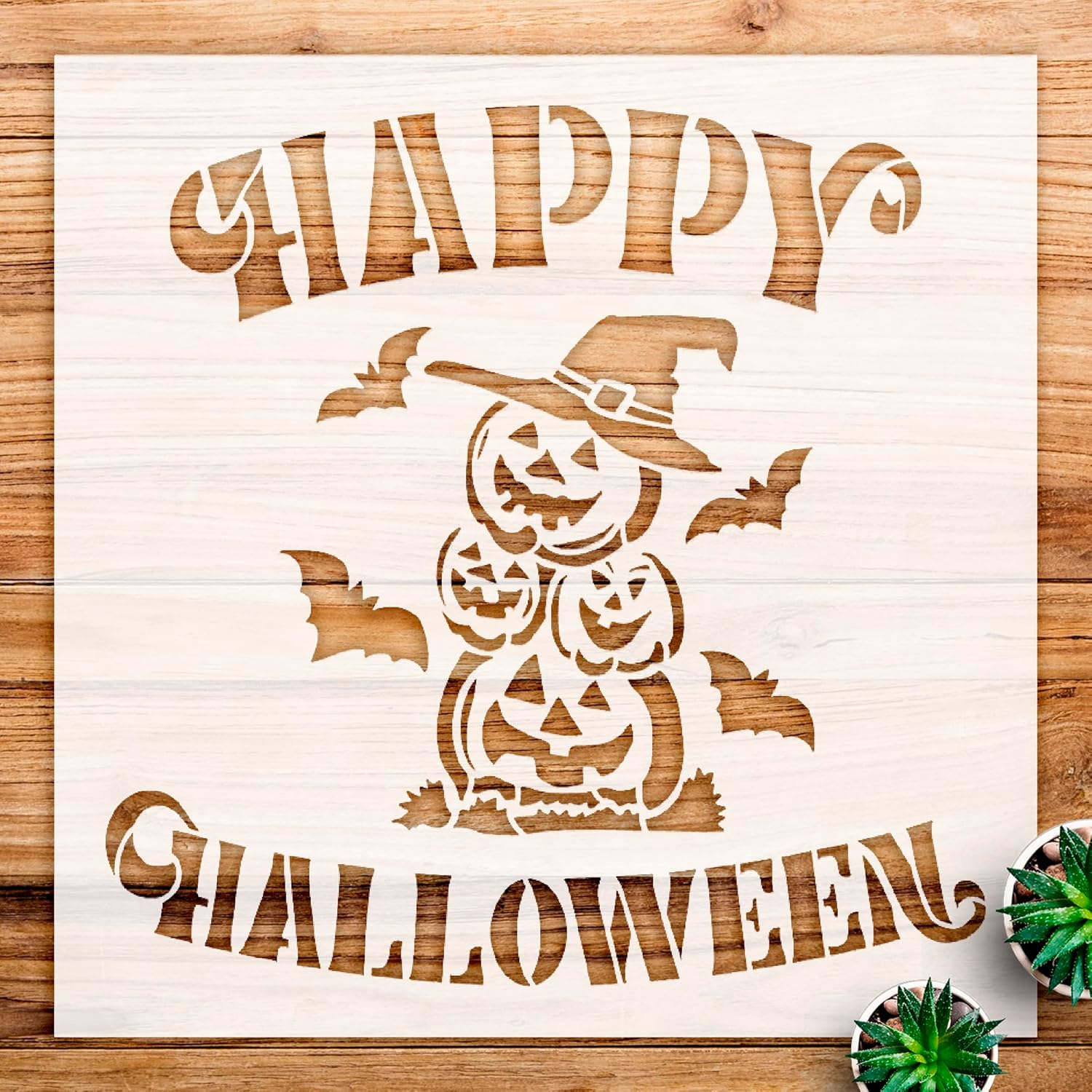 Happy Halloween Stencil Pattern for Crafts and Home Decor, Featuring Pumpkin, Witch hat, and Bats Design, Ideal for Painting Wood Signs and Seasonal Projects - Size A1 (23.4" x 23.4")