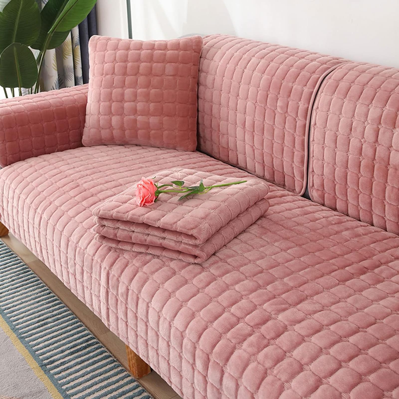 Velvet Sofa Cover 1 2 3 4 Seater, Dog Cat Sofa Protector Anti-Slip Couch Cover L Shape, Soft Sofa Cover Corner Sofa Sofa Protective Cover with Non-slip Base,Pink,90x180cm